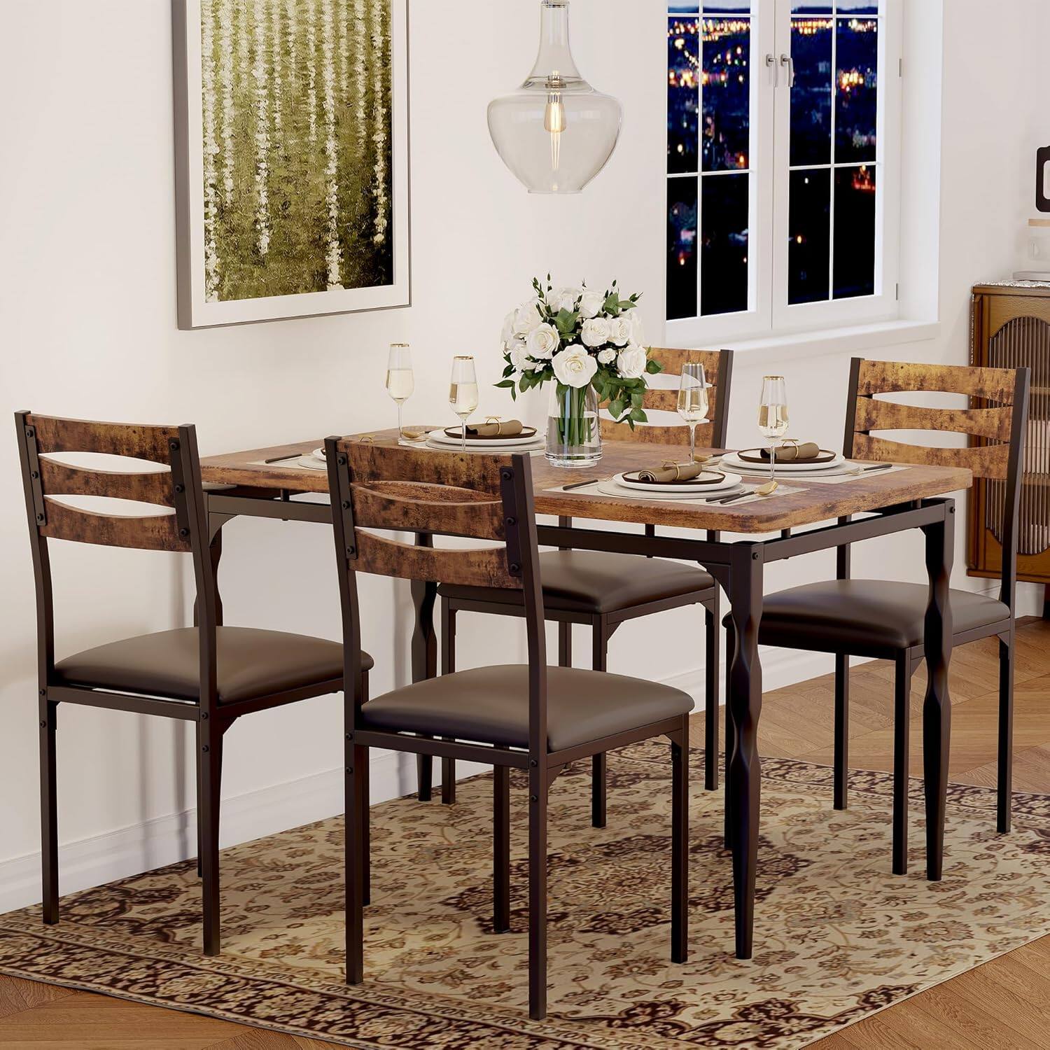 Alt View 5. Acekool - 5 Piece Dining Table Set, Industrial Style Dining Table and Chairs Set for 4, Kitchen Table Set - Brown.