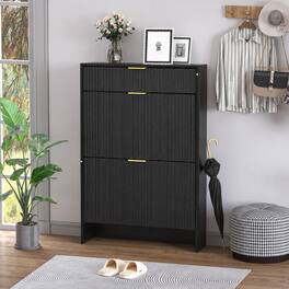 Loheer - Narrow Fluted Shoe Cabinet, Shoe Cabinet with Gold Handles, Flip Drawers - Black