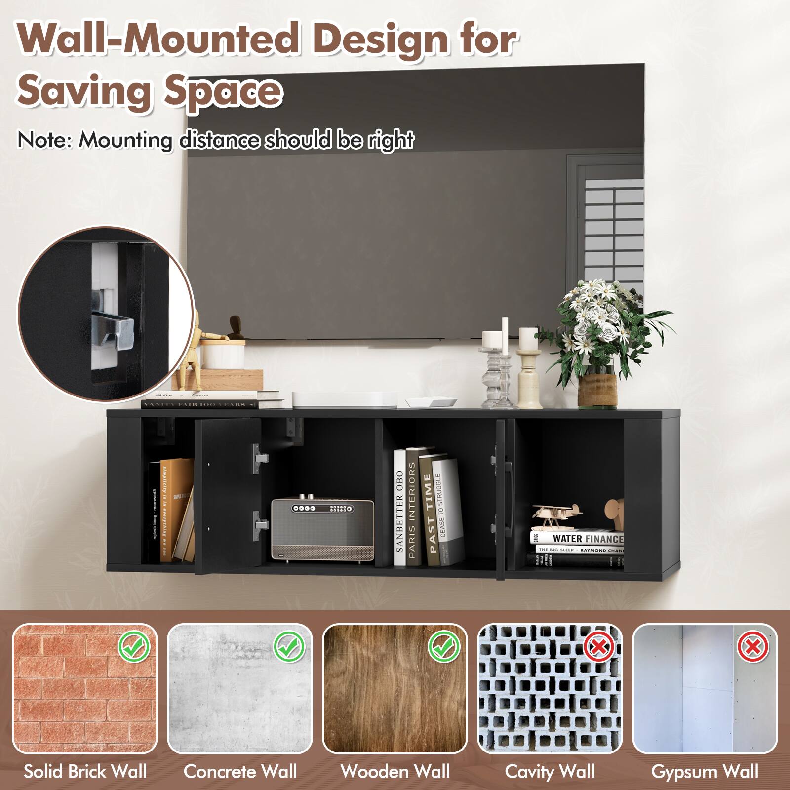 Wall-Mounted Design for Saving Space Note: Mounting distance should be right - | | | I I I 1 I ! - - .... L10 OBO SANBETTER INTERIORS IN PARIS u TIME TOSTRUDOLE PAST CEASE P I WATER FINANCE - - | C i Solid Brick Wall Concrete Wall Wooden Wall Cavity Wall Gypsum Wall