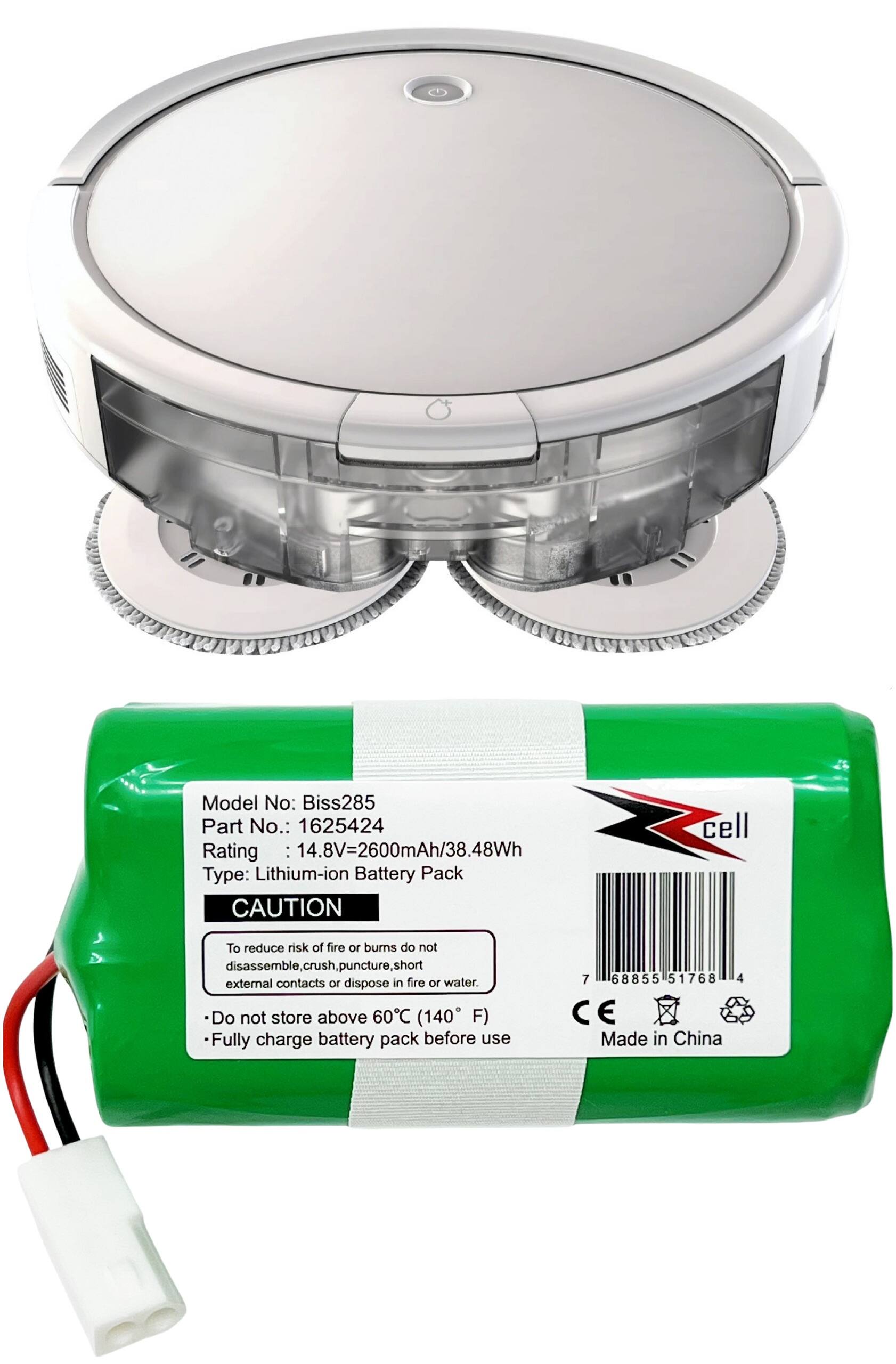 Model No: Biss285  
Part No.: 1625424  
Rating: 14.8V=2600mAh/38.48Wh  
Type: Lithium-ion Battery Pack  

CAUTION  
To reduce risk of fire or burns do not disassemble, crush, puncture, short external contacts or dispose in fire or water.  
Do not store above 60°C (140°F).  
Fully charge battery pack before use  

7 68855 51768 4  
CE  
Made in China