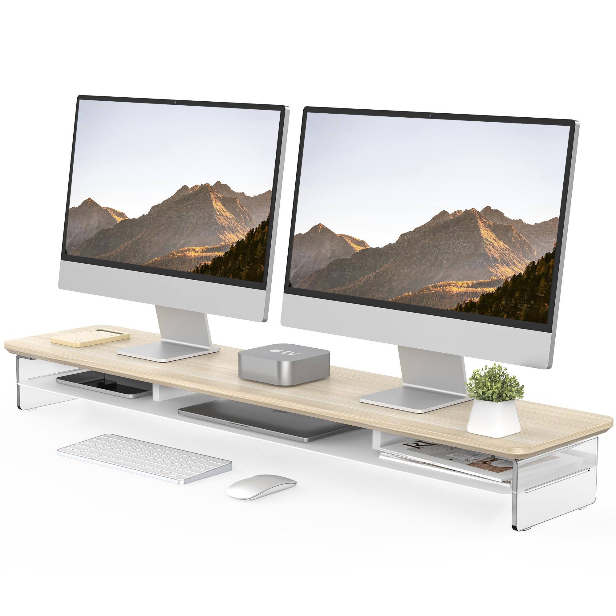 Cedar Assembly Monitor Stand Riser 42. Dual With Metal Storage 2 Tier ...