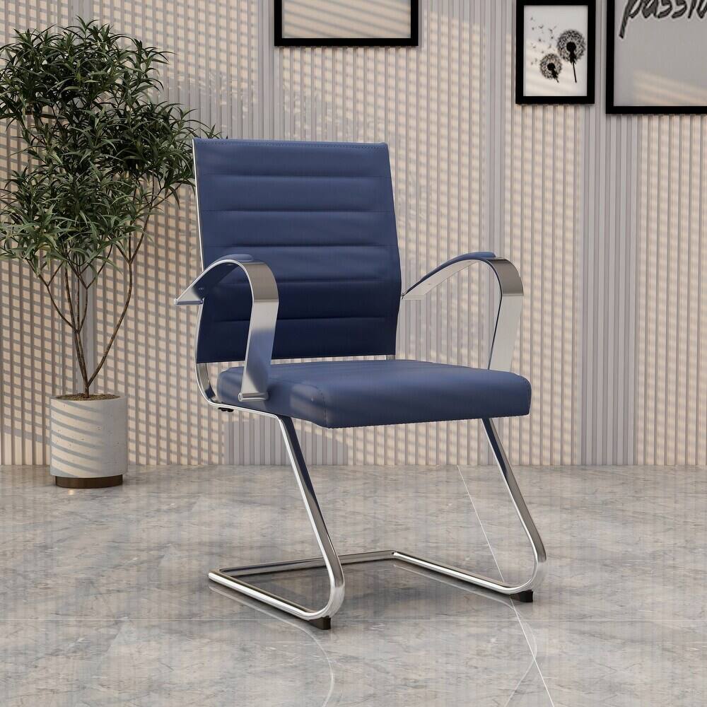 Angle. LeisureMod - Set of 4 Benmar Modern Leather Upholstered Office Desk Chair with Padded Armrests and Chrome Frame for Home or Office - Navy Blue.