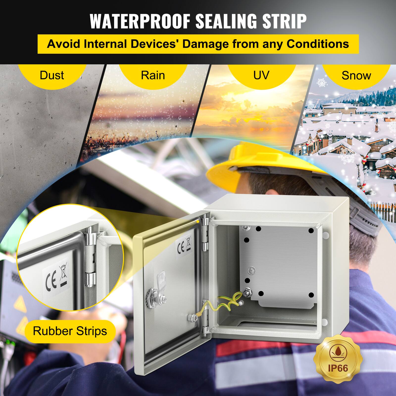 WATERPROOF SEALING STRIP  
Avoid Internal Devices' Damage from any Conditions  
Dust  
Rain  
UV  
Snow  
CE  
Rubber Strips  
IP66