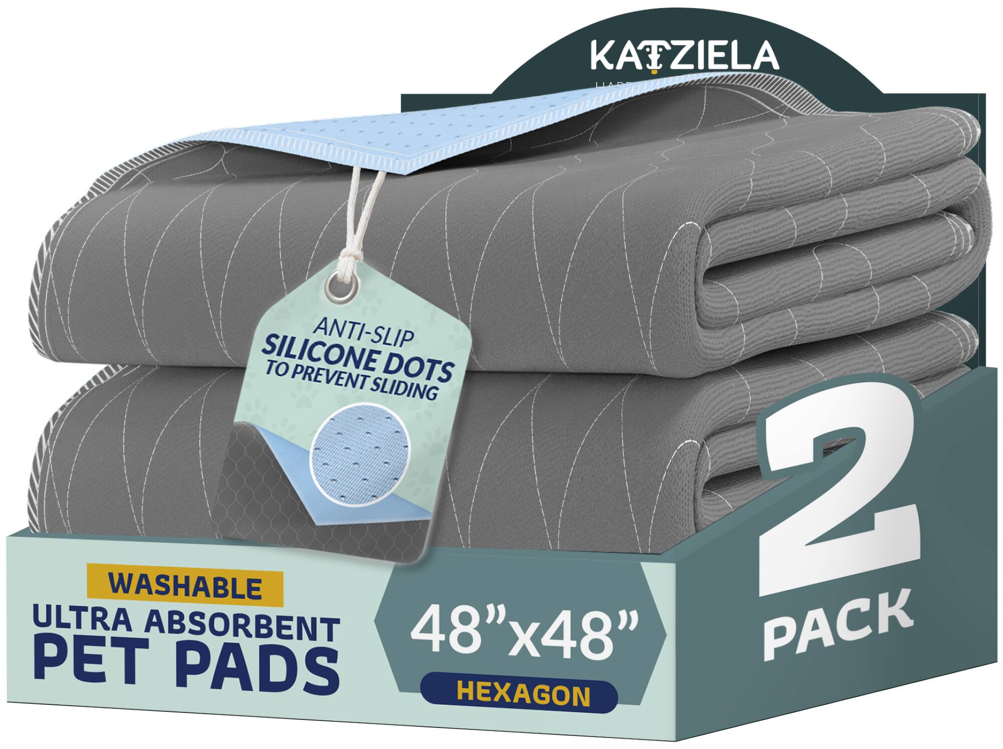 KAZIELA ANTI-SLIP SILICONE DOTS PREVENT SLIDING WASHABLE 2 ULTRA ABSORBENT 48"x48" PACK PET PADS HEXAGON