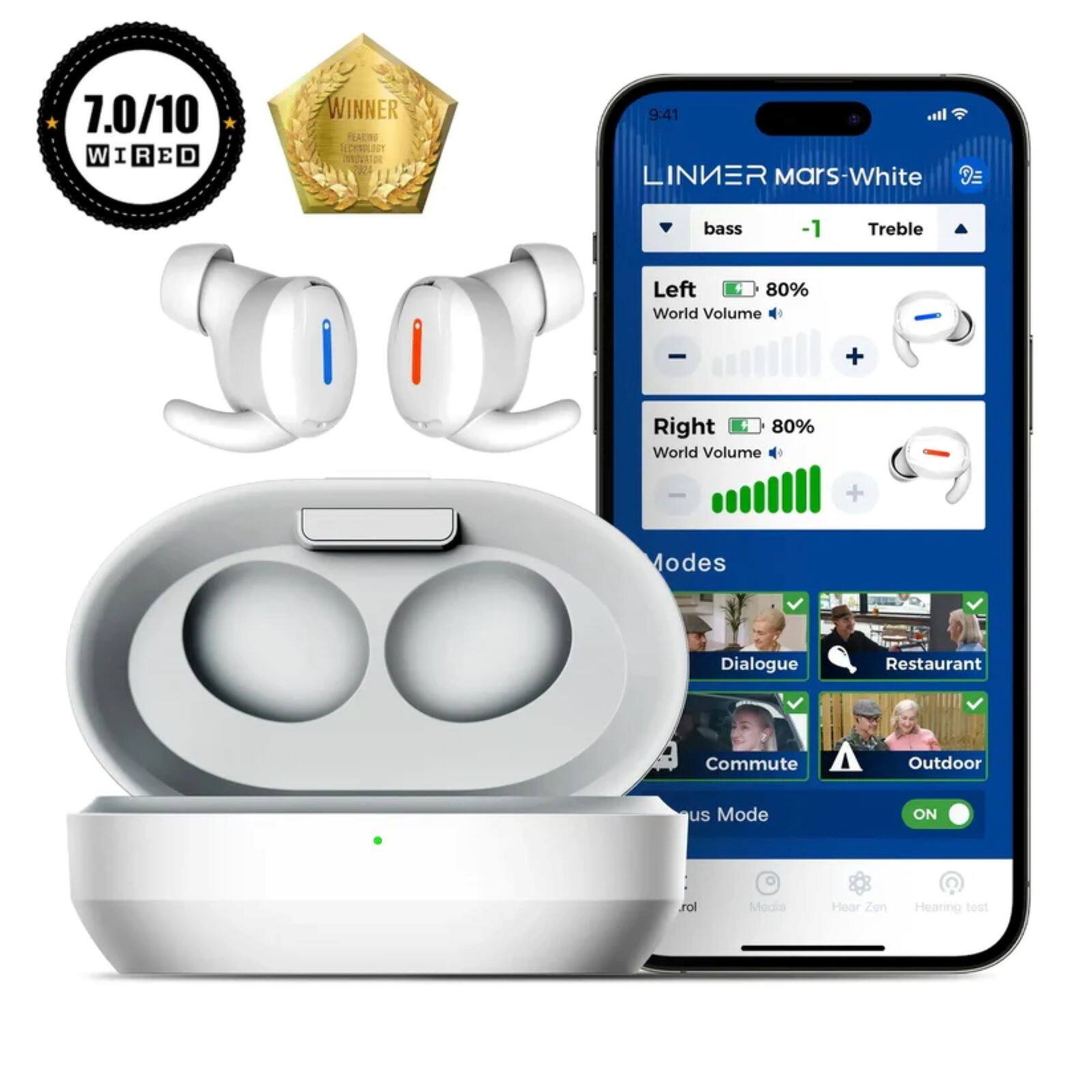 The text on the image reads:
"7.0/10 W I N N E R REACT LECHNOLRT MN 9:41 LINNER Mars-White bass Treble Left 80% World Volume - + Right 80% World Volume + Modes Dialogue Restaurant Commute Outdoor us Mode ON rol Media Hear Zen Hearing test"
The text is grouped as follows:
1. 7.0/10 W I N N E R REACT LECHNOLRT MN 9:41
2. LINNER Mars-White bass Treble Left 80% World Volume - + Right 80% World Volume + Modes Dialogue Restaurant Commute Outdoor us Mode ON rol Media Hear Zen Hearing test