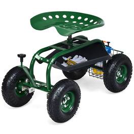 Costway - Garden Cart Rolling Work Seat w/ Tool Tray Basket - Green