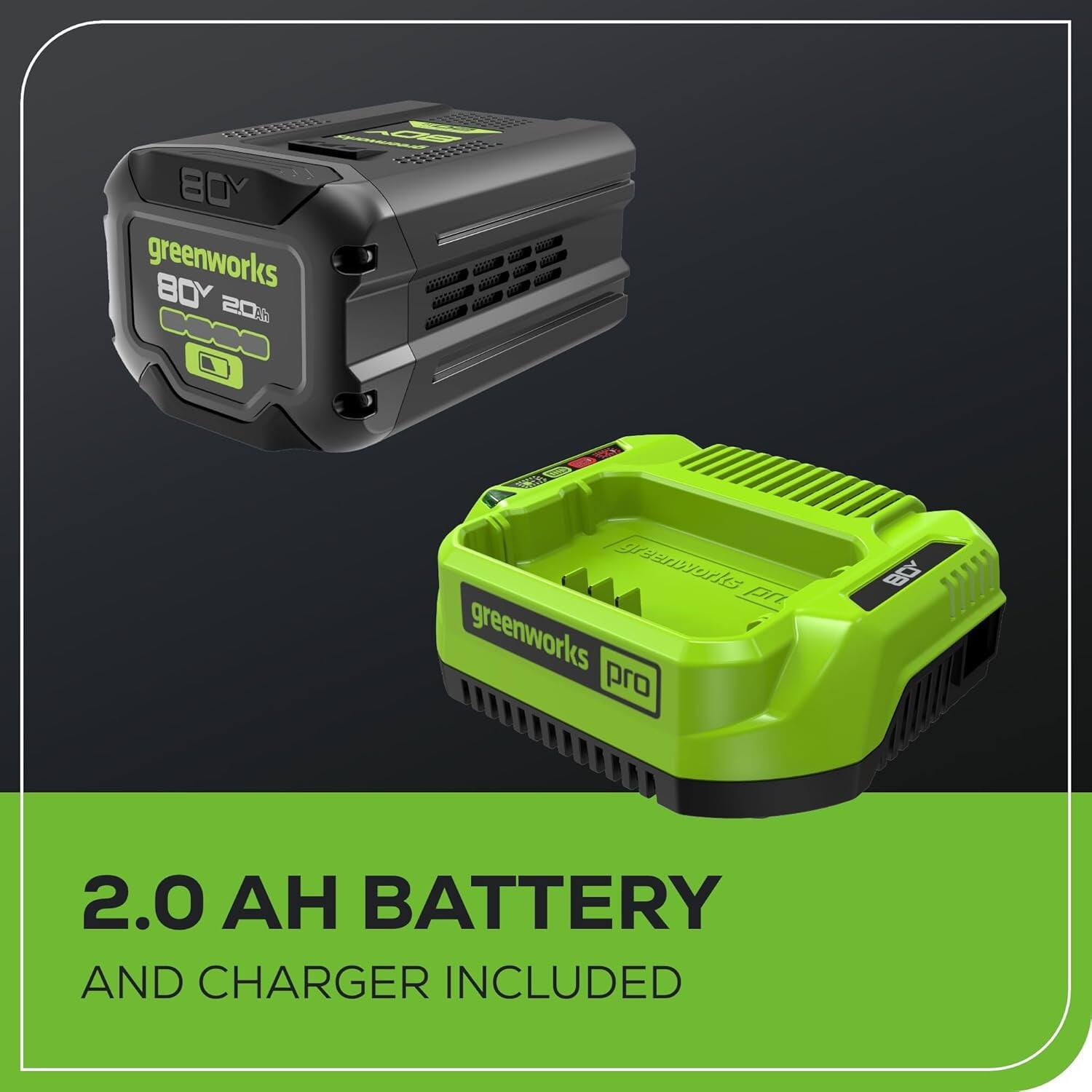 T333411 Me CGARSA553 B0Y u greenworks 1 OP Ae 80Y 200 99555 PAA9 000O fgraanwyark pn greenworks pro 2.0 BATTERY AND CHARGER INCLUDED

2.0 AH BATTERY AND CHARGER INCLUDED