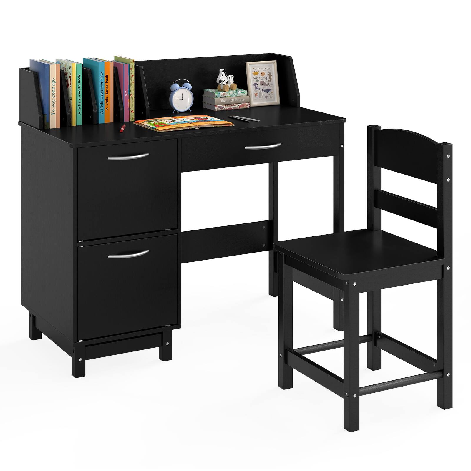 Gymax - Kids Study Desk & Chair Set w/Chair 2 Storage Cabinets Drawer 4 Book Sorters - Black