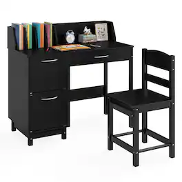 Gymax - Kids Study Desk & Chair Set w/Chair 2 Storage Cabinets Drawer 4 Book Sorters - Black