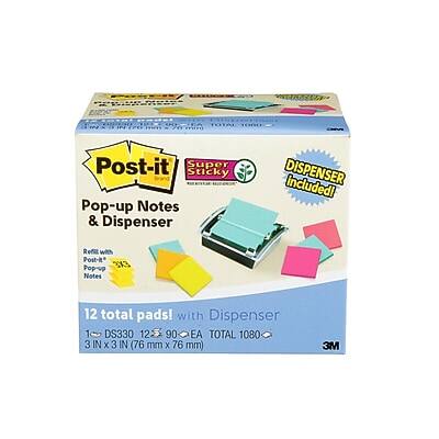 Post-it Super Sticky Pop-up Notes & Dispenser  
DISPENSER included!  

Refill with Post-it 3X3 Pop-up Notes  
12 total pads! with Dispenser  

1 DS330 12 90 EA TOTAL 1080  
3 IN x 3 IN (76 mm X 76 mm)  

3M