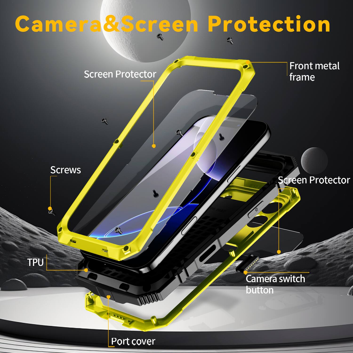 Camera & Screen Protection  
Screen Protector  
Front metal frame  
Screws  
TPU  
Camera switch button  
Port cover