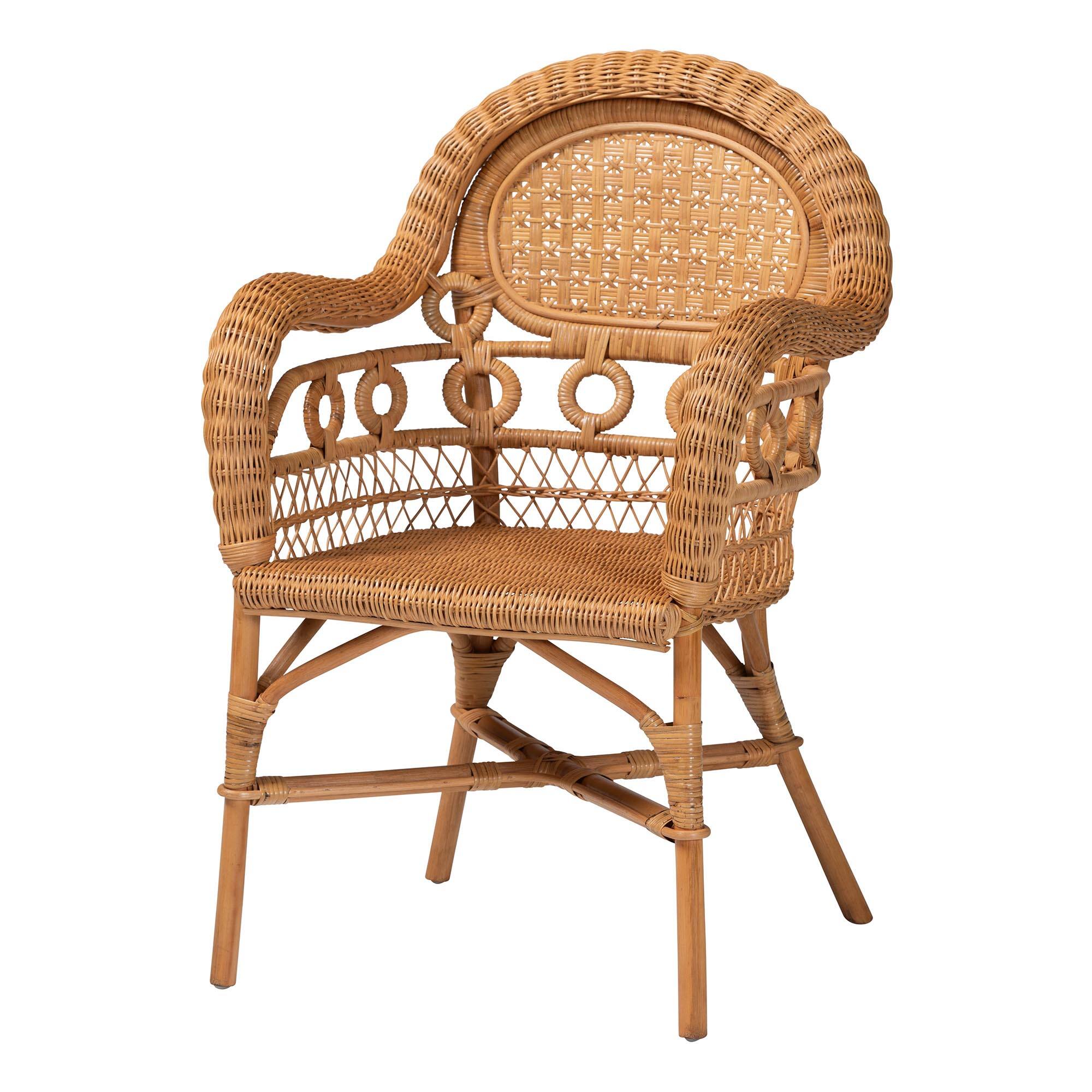 Front. bali & pari - Abigale Natural Rattan Dining Chair - Handwoven Wicker Accent Chair with Arms and Openwork Frame - Light Honey.