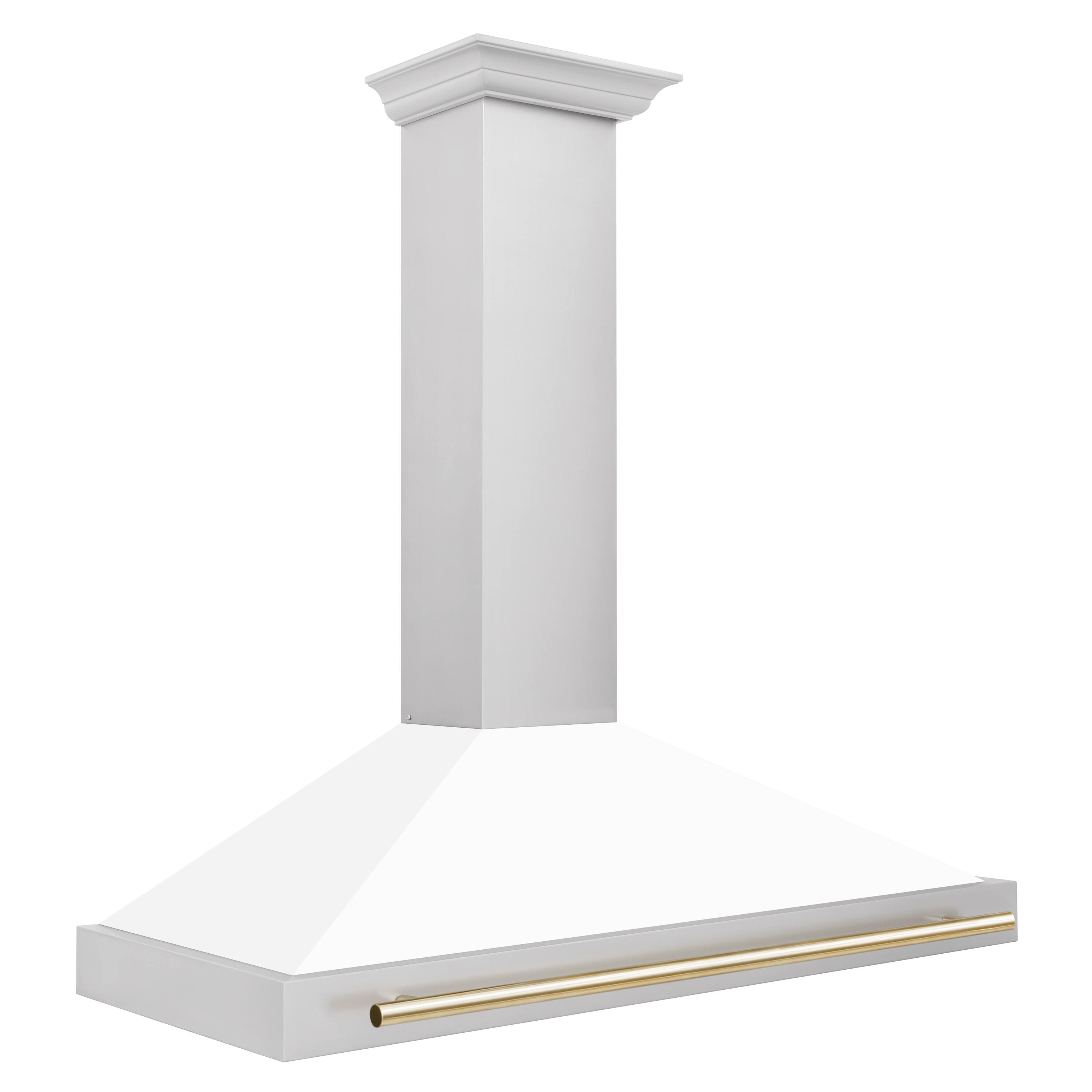 Left. ZLINE - ZLINE 48 in. Autograph Edition Convertible Stainless Steel Range Hood with White Matte Shell and Polished Gold Accents - White Matte.