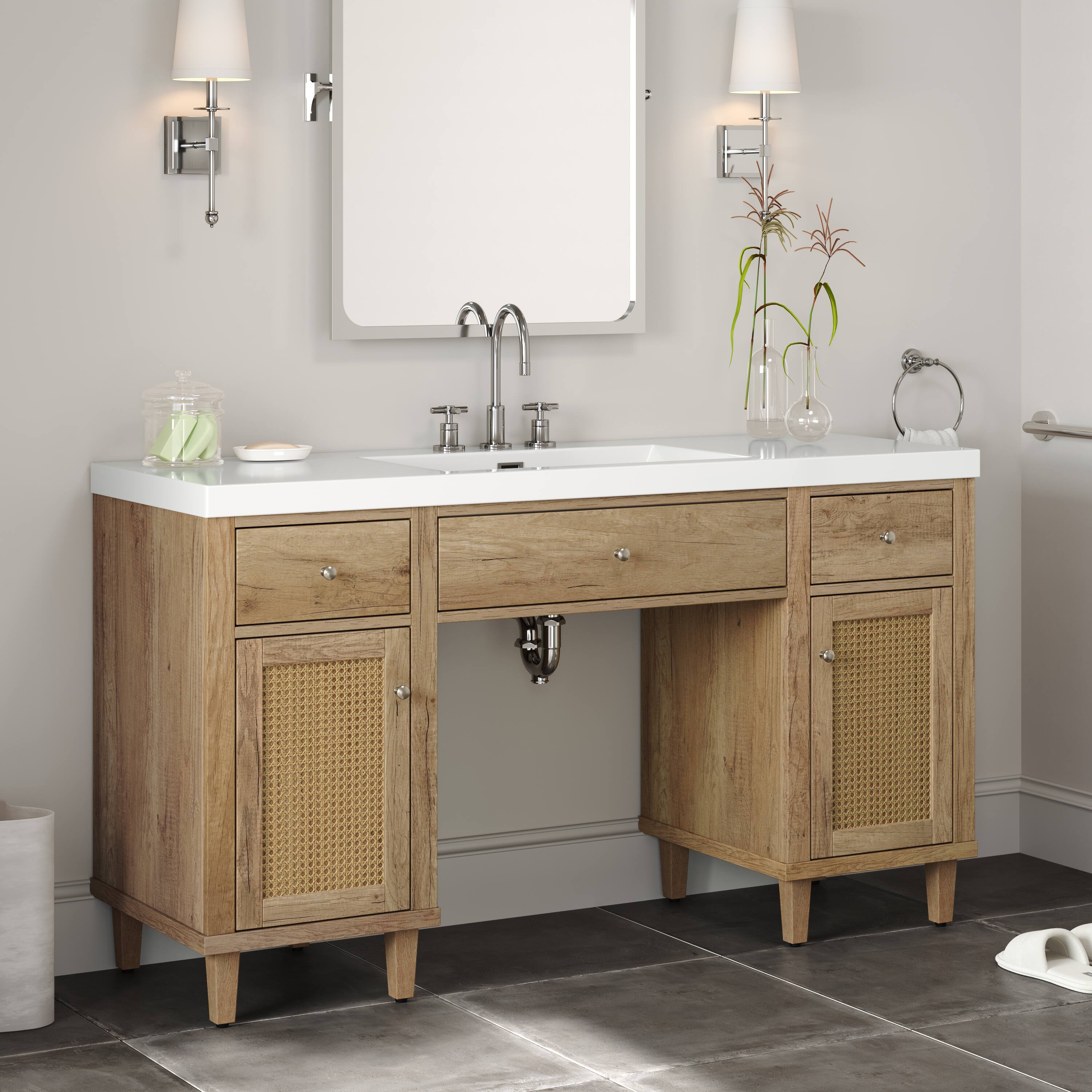 Left. Loheer - 5 ft Bathroom Vanity with SMC Sink, Soft-Close Drawers, Tip-Out Tray, Wood Cabinet for Bath - Wood.