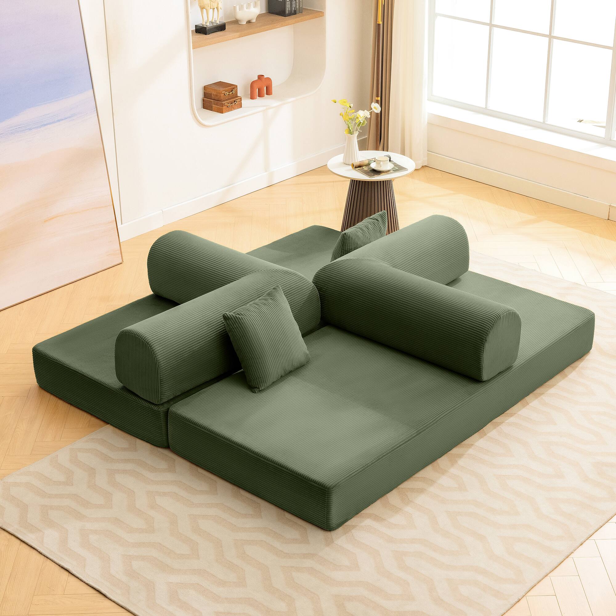 Left. Brick Attic - 78Inch Foldable Modular Corduroy Sofa Bed Convertible Floor Couch, No Assembly Required for Living Room, Bedroom Office - Olive Green.