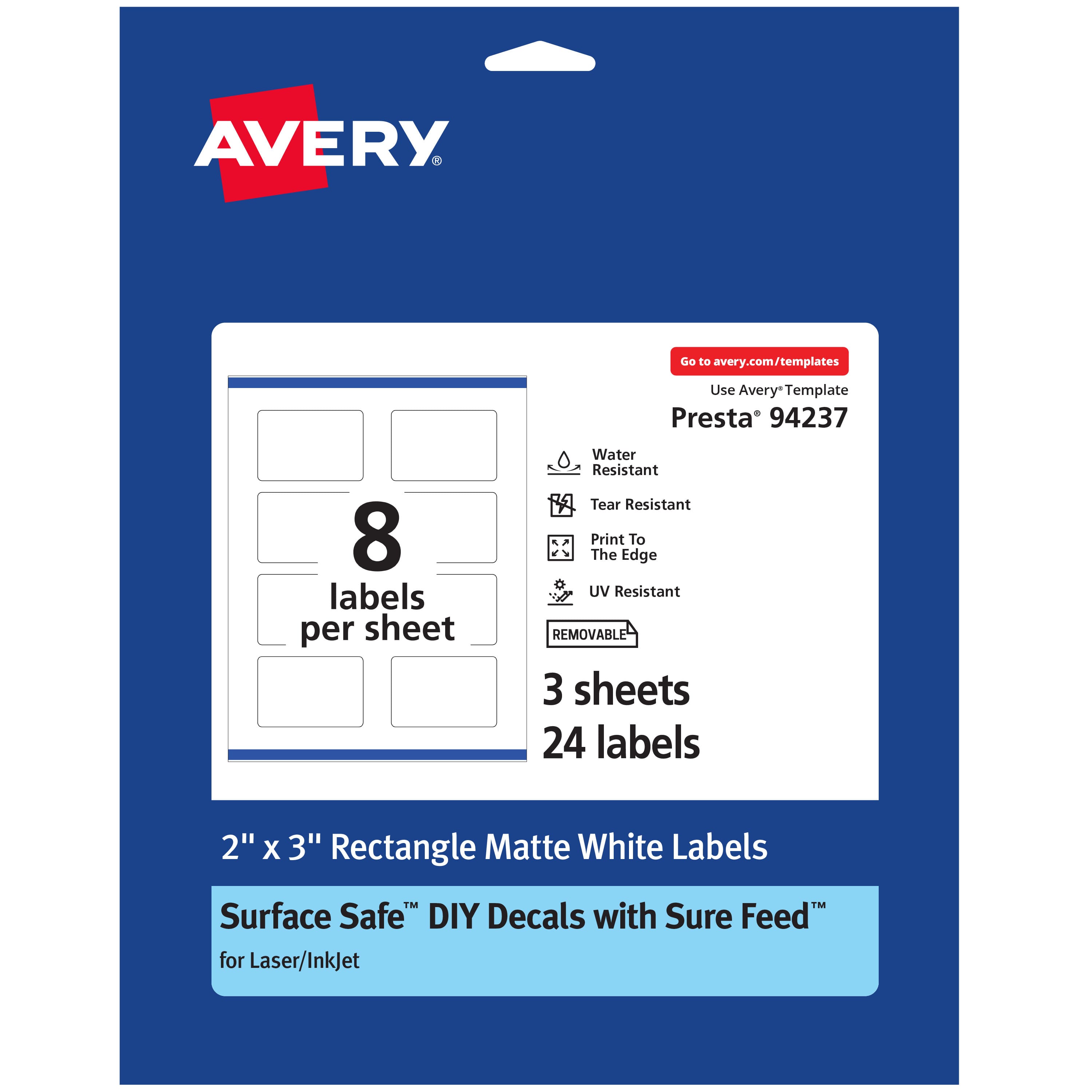 Avery - Durable Removable Rectangle Labels, 2" x 3", 24 Labels - White