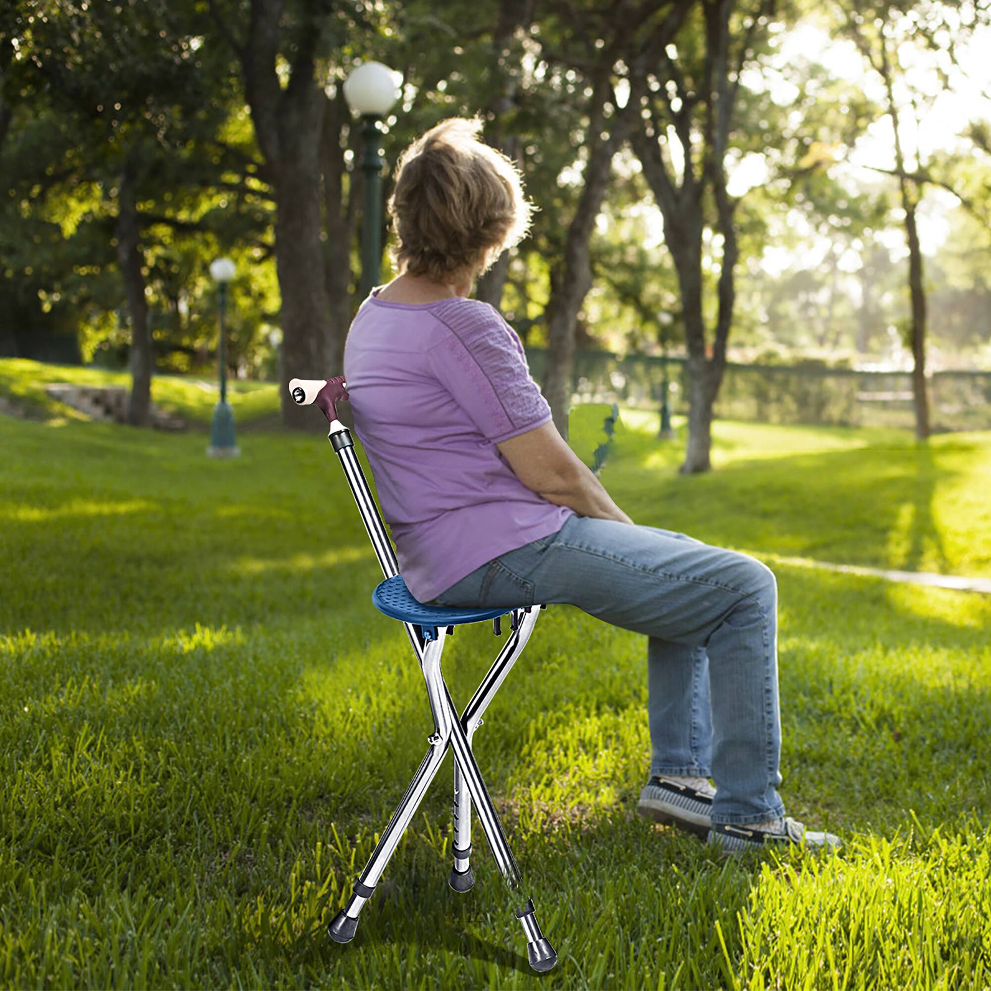 Alt View 3. GOPLUS - Goplus Adjustable Folding Cane Outdoor Seat Stool Aluminum Alloy Crutch Chair - Blue.