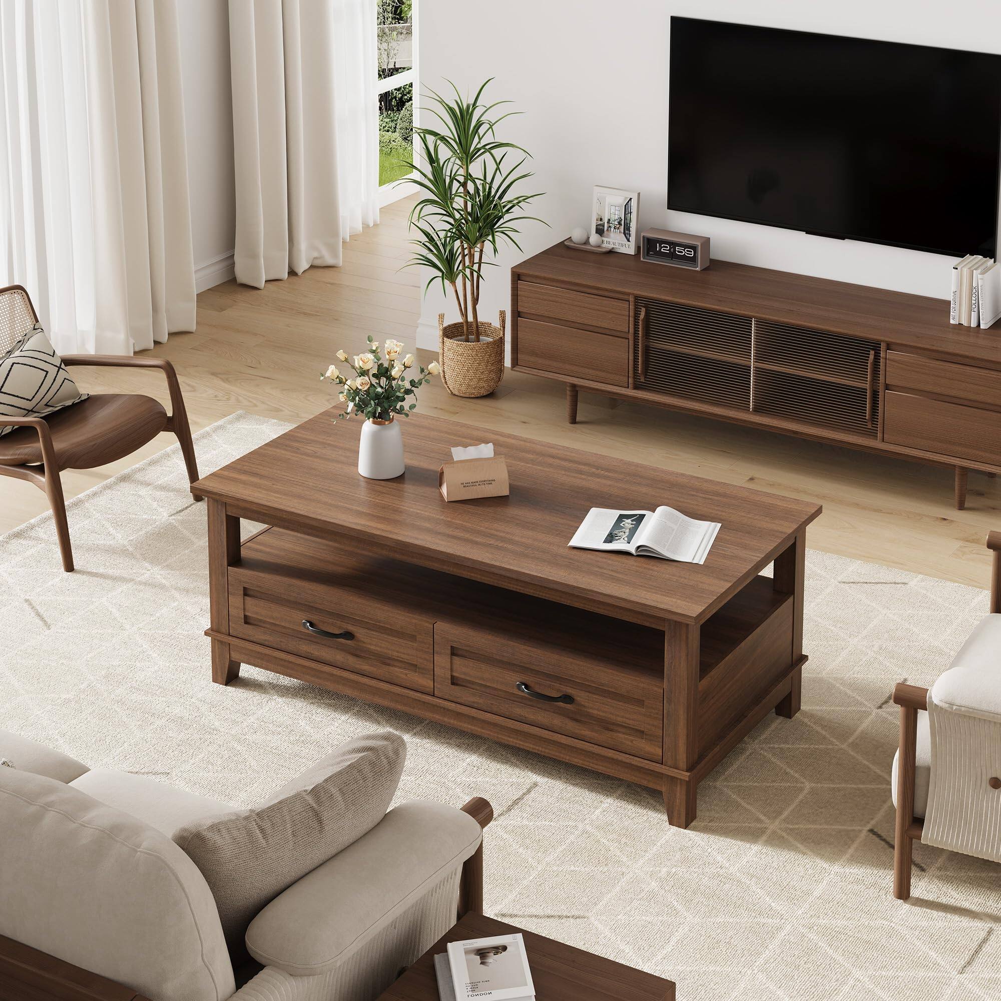 Left. Acekool - 47 Inch Rustic Farmhouse Coffee Table with 2 Storage Drawers & Open Shelf - Stylish Rectangle Center Table - Brown.