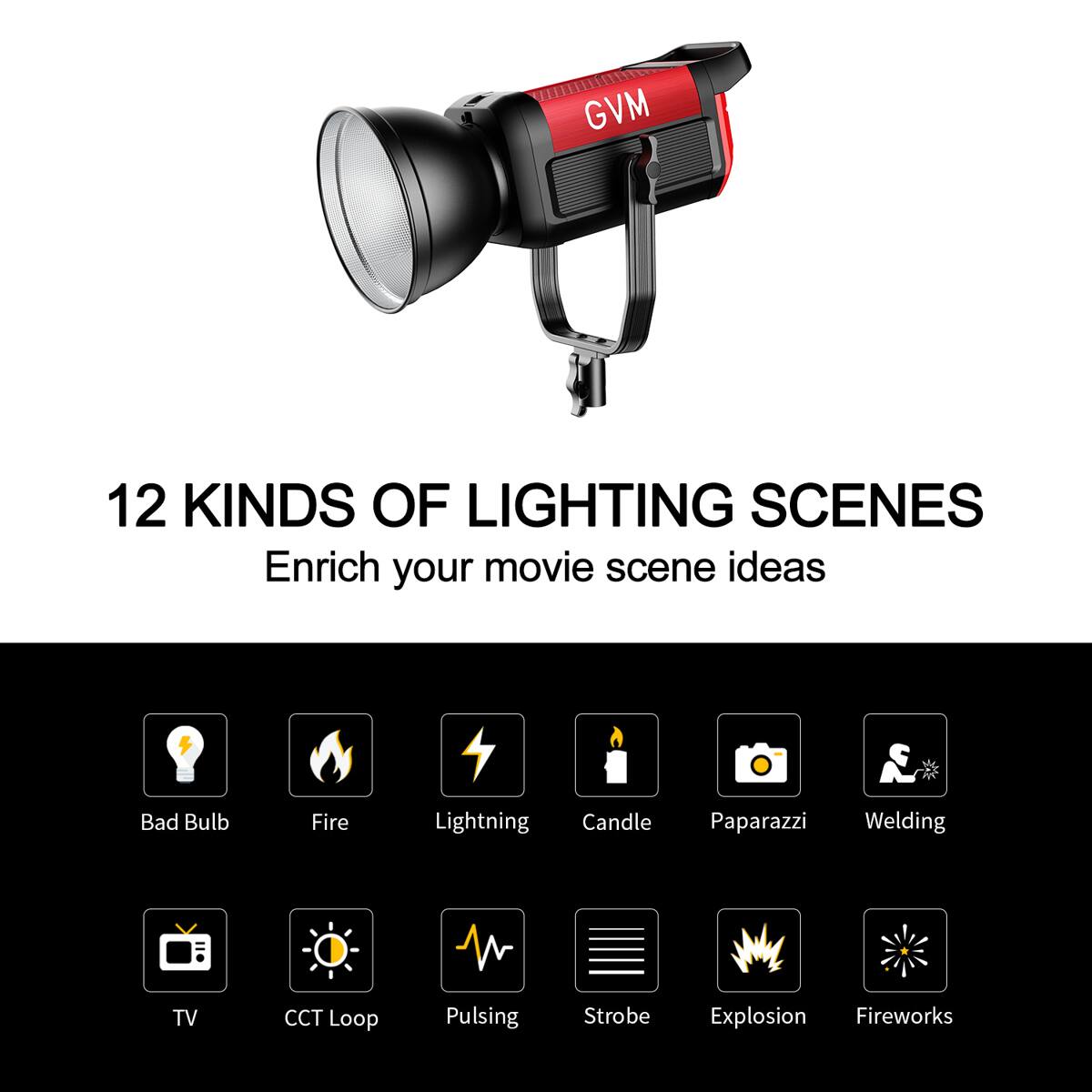 GVM 12 KINDS OF LIGHTING SCENES Enrich your movie scene ideas Bad Bulb Fire Lightning Candle Paparazzi Welding TV CCT Loop Pulsing Strobe Explosion Fireworks