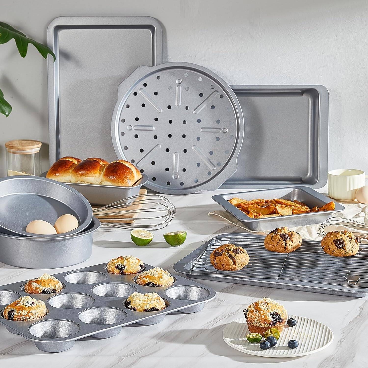 Alt View 1. HONGBAKE - 10 Pieces Bakeware Sets Including Rack, Cookie Sheet, Cake Pans, Loaf Pan, Muffin Pan, Pizza Pan - Sliver.