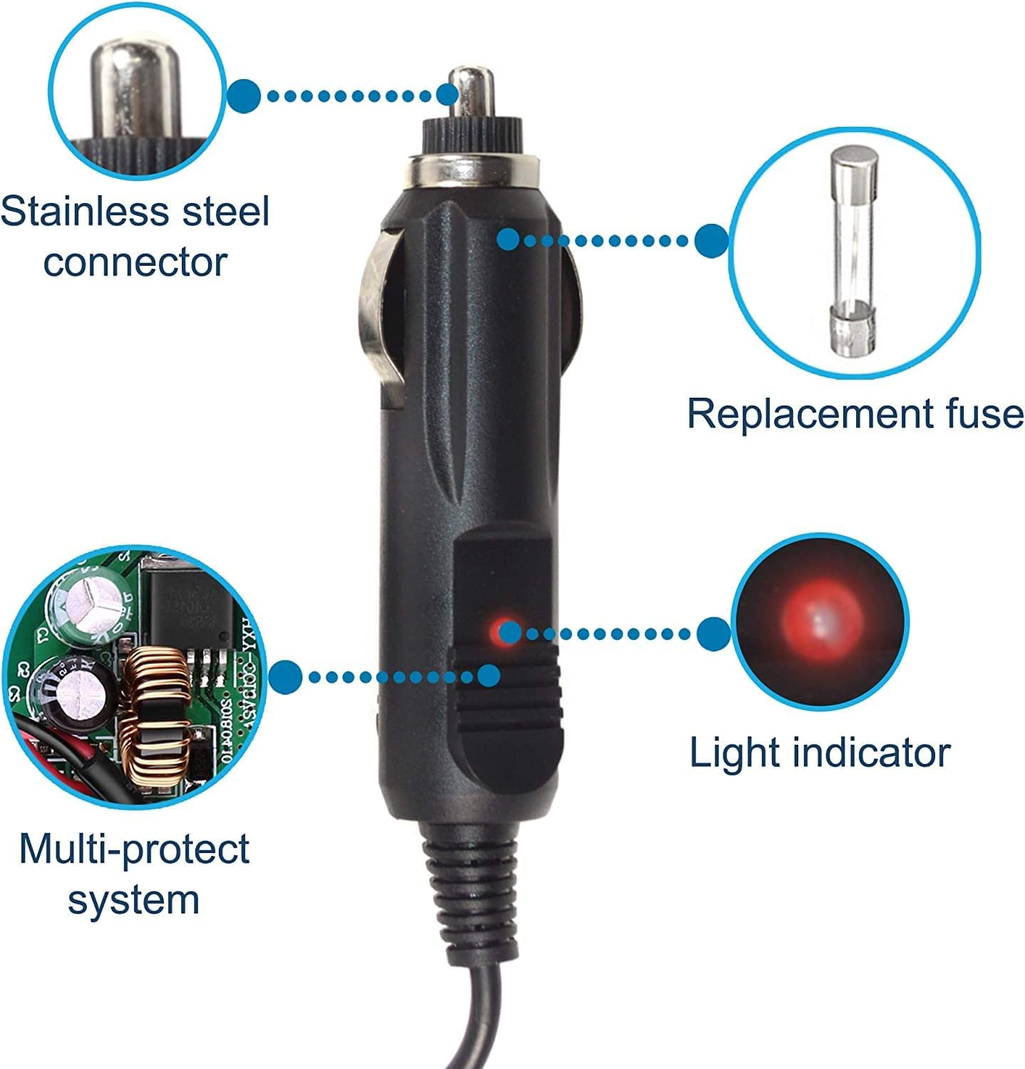 Stainless steel connector  
Replacement fuse  
Light indicator  
Multi-protect system