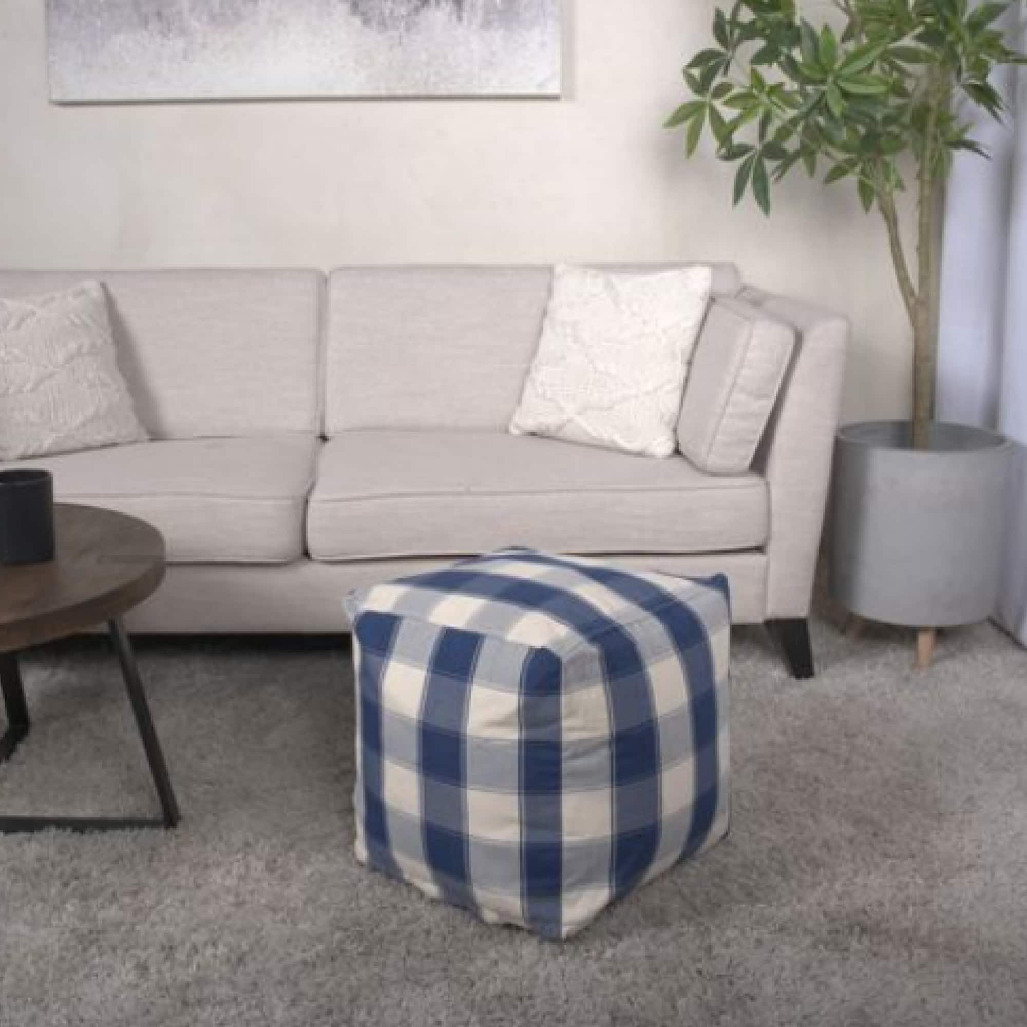 GOODSILO - Square Checkered Pouf Ottoman Floor Cushion Ivory Navy Blue Stylish Home Decor - Ivory+Navy