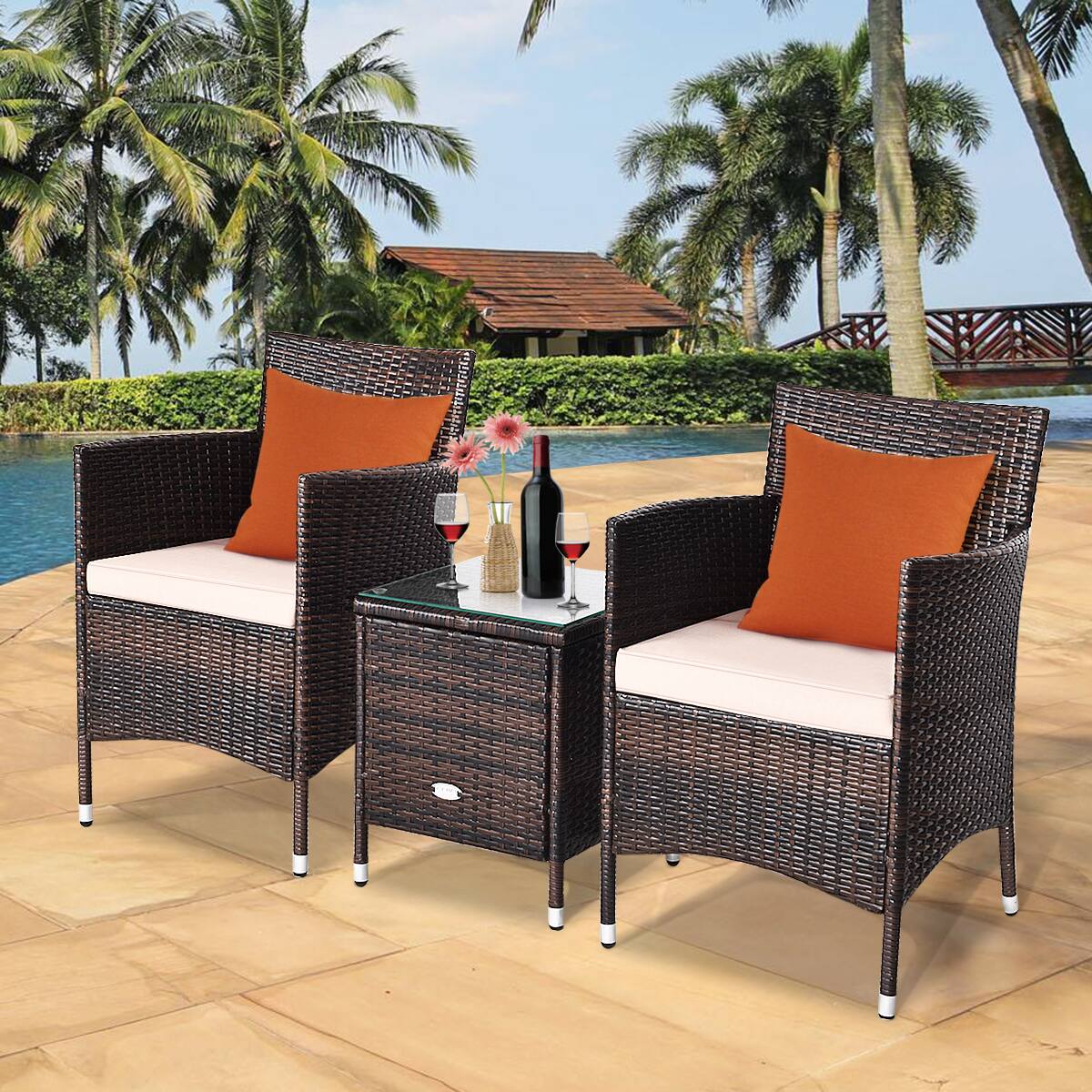 Alt View 7. Gymax - Gymax 3PCS Patio Rattan Chair & Table Furniture Set Outdoor w/ Beige Cushion - Beige.
