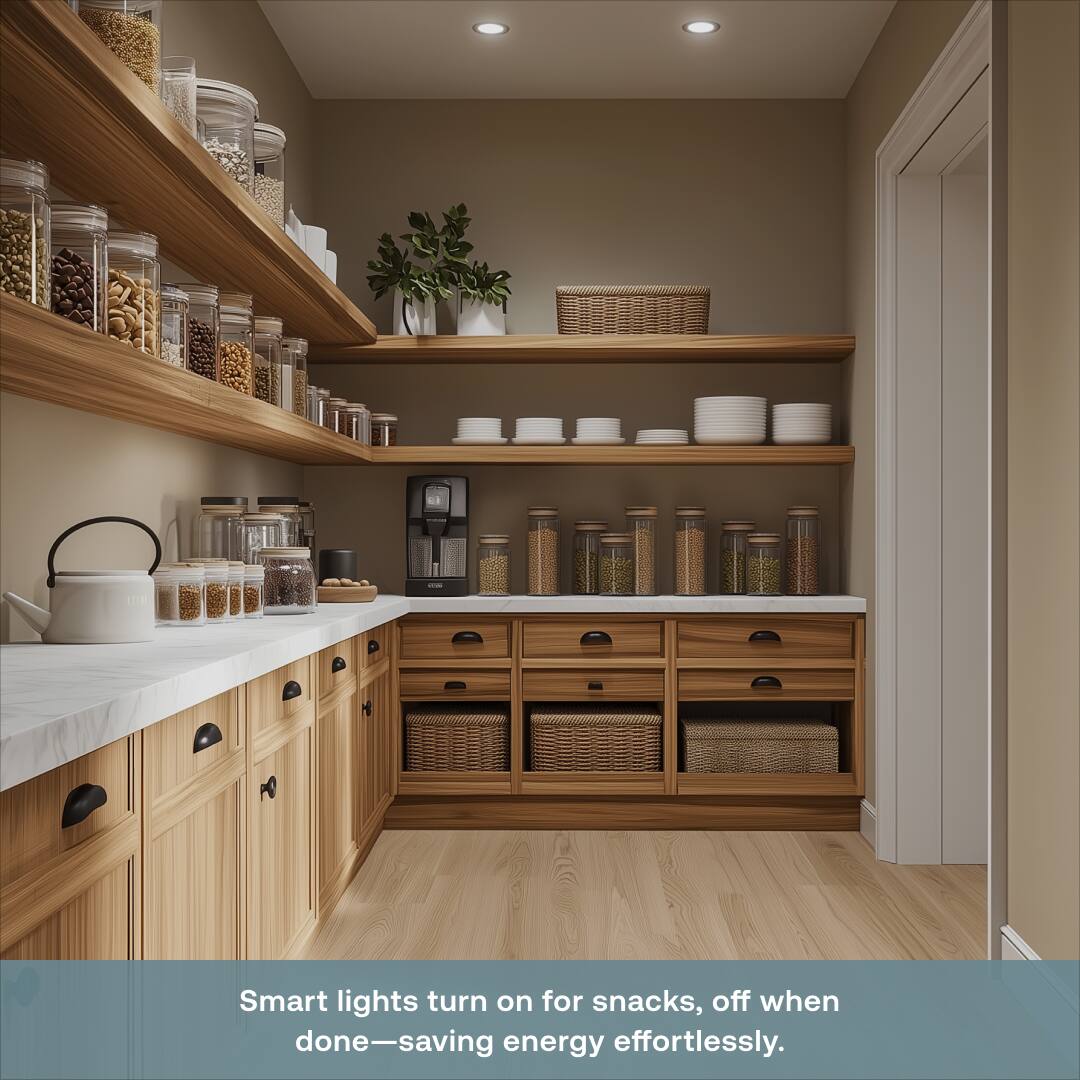 Smart lights turn on for snacks, off when done—saving energy effortlessly.
