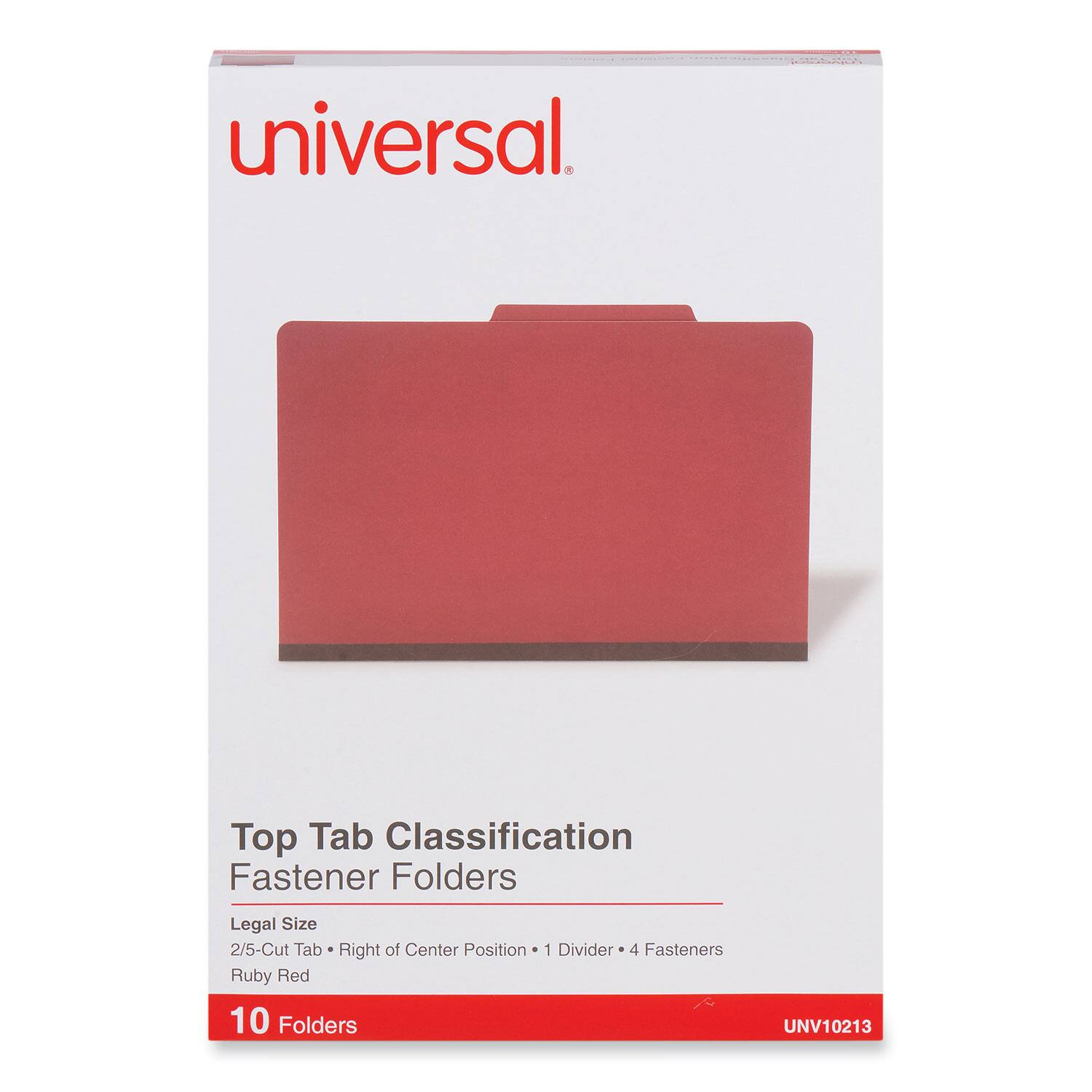 Universal  
Top Tab Classification Fastener Folders  
Legal Size  
2/5-Cut Tab • Right of Center Position • 1 Divider • 4 Fasteners  
Ruby Red  
10 Folders  
UNV10213