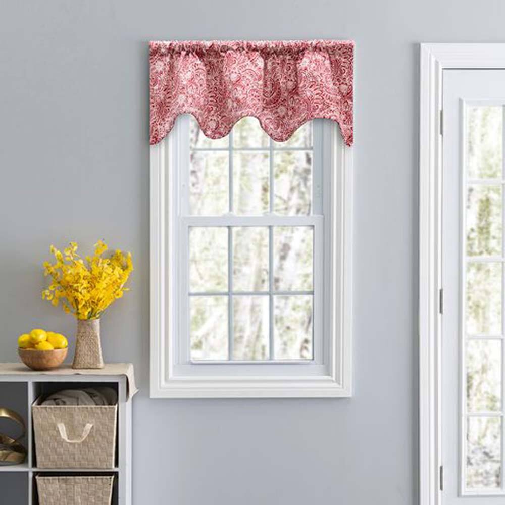 Angle. Ellis Curtain - Ellis Segovia Printed Paisley Pattern on Ground 3" Rod Pocket High Quality Scallop Valance Lined 50"x16" Red - Red.