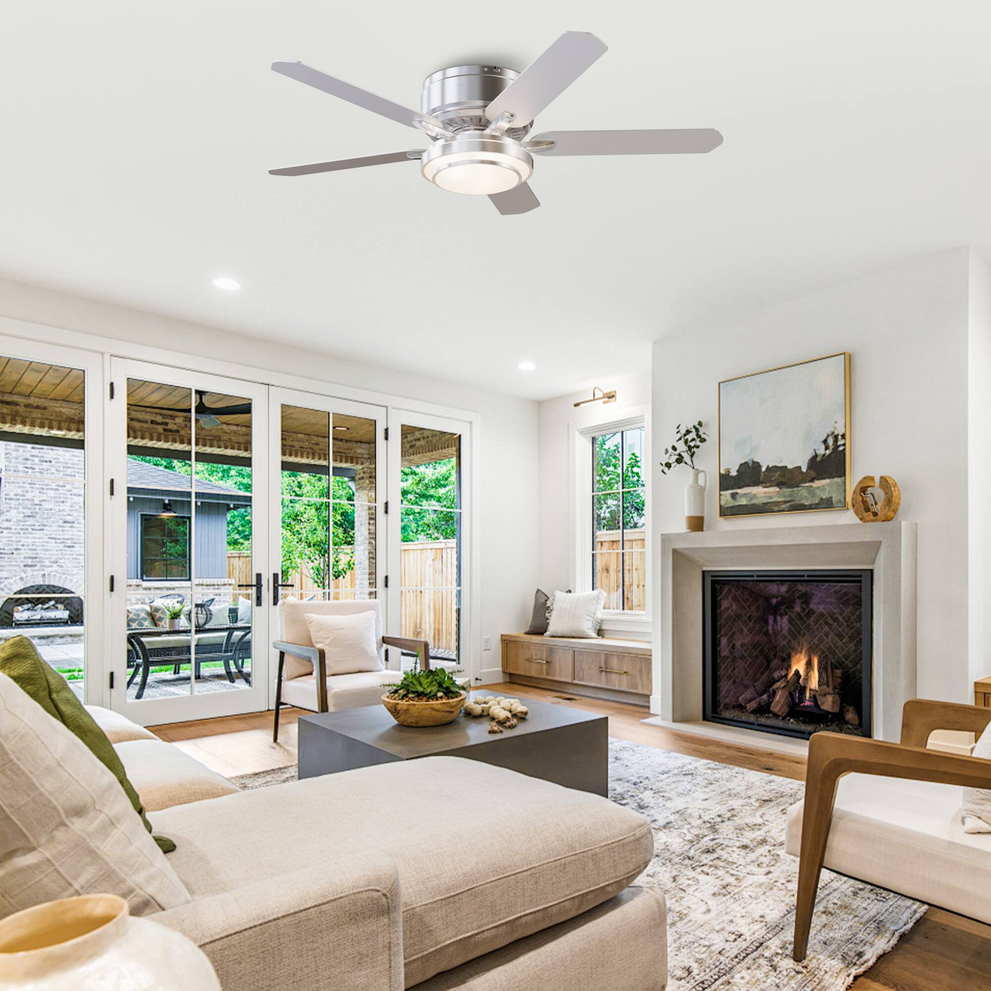 Left. Vaczon - 52" Modern Brushed Nickel Flush Mount LED Ceiling Fan with Remote and APP Control - Nickel.