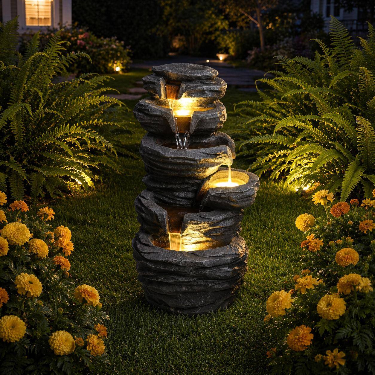 Alt View 3. RYHNUYNE - Outdoor Waterfall Fountain with LED Lights – Stacked Rock Cascading Water Feature Resin Garden Decor for Patio, Yard.