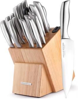 Zulay Kitchen - 18 Piece Stainless Steel Knife Set with Block and Sharpener - Light Brown