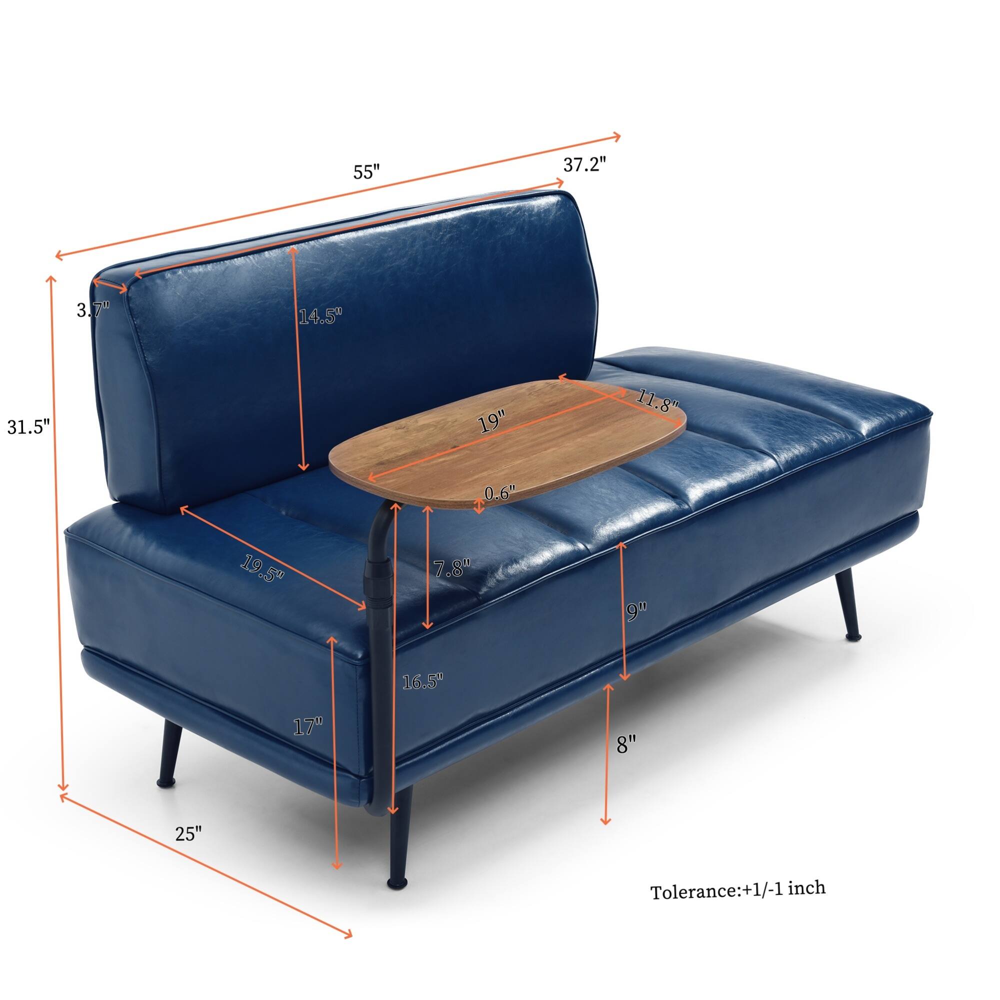 55"  
37.2"  
3.7"  
14.5"  
31.5"  
19"  
11.8"  
0.6"  
19.5"  
7.8"  
9"  
16.5"  
17"  
8"  
25"  

Tolerance: +1/-1 inch
