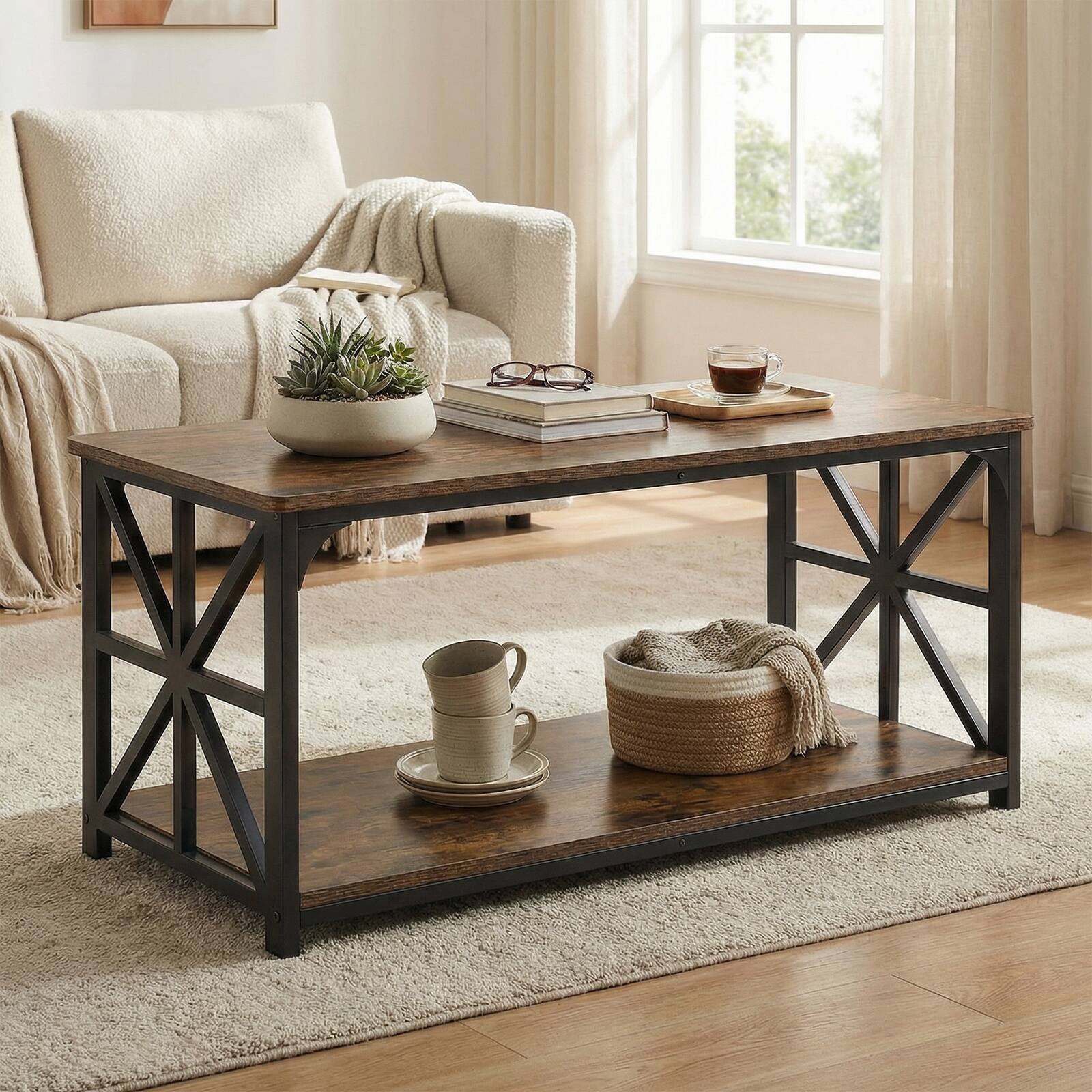Alt View 1. Costway - Costway 2-Tier Coffee Table, Industrial Accent Table with Dual Star-shaped Metal Frames - Rustic Brown & Black.