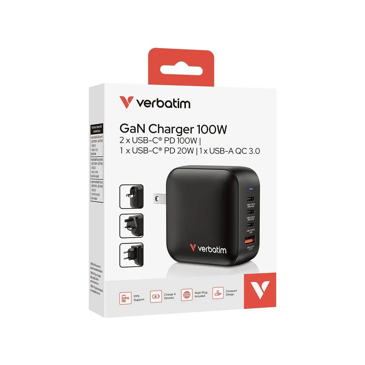 verbatim  
SE tris Vitamin  
GaN Charger 100W  
2 X USB-C PD 100W  
1 X USB-C PD 20W  
1x USB-A QC 3.0  
SPE 58  
verbatim  
PPS PPS Support  
Charge Devices  
Multi-Plug Included  
Compact Design