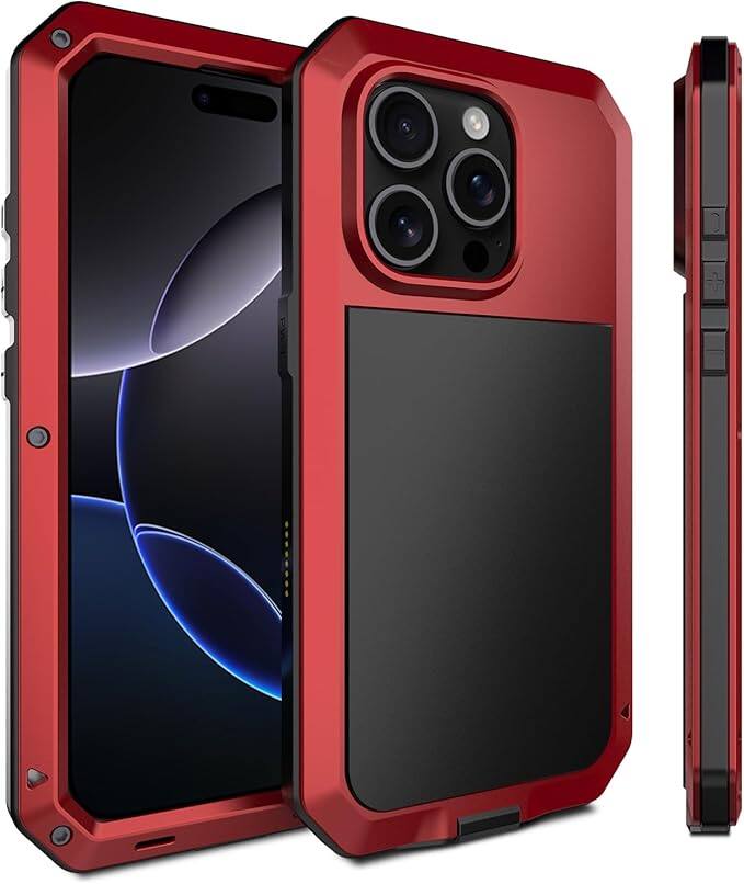 Angle. Gravity Ridge - for iPhone 15 Metal Case 360 Full Body Protective Cover with Silicone Built-in Screen Aluminum Alloy Phone Case - Red.
