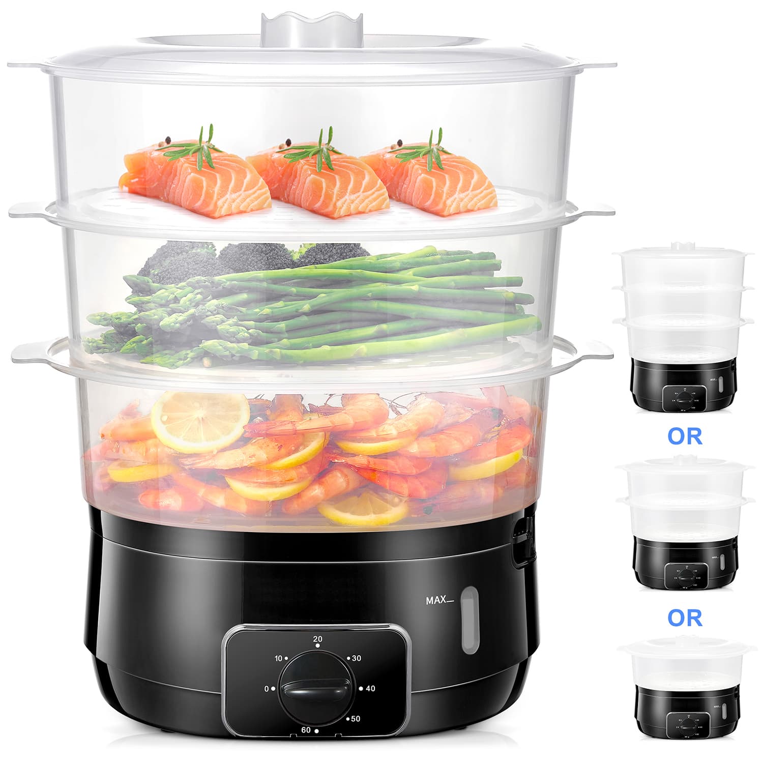 Front. KEINVE - Electric Food Steamer for Cooking, 13.7QT Vegetable Steamer with 3 Tiers BPA-Free Baskets, 800W Fast Simultaneous Cookin - Black.