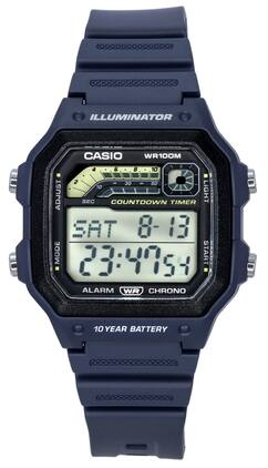 Casio - Illuminator Digital Quartz WS-1600H-2A Mens Watch Alarm Chrono Countdown Timer Blue Resin Strap 100M - Black