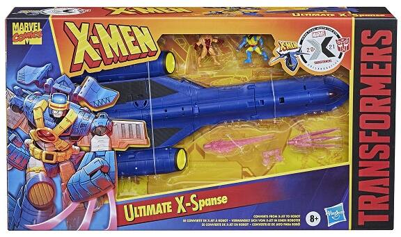 Sure, here is the corrected and grouped text from the image:

---

**MARVEL COMICS**

**X-MEN**

**ULTIMATE X-Spanse**

**TRANSFORMERS**

**X-MEN 20 21**

**ULTIMATE X-Spanse**

**CONVERTS FROM X-JET TO ROBOT**

**CONVIERTÉ DE X-JET A ROBOT**

**VIRWANDET SICH VON X-JET IN ROBOT**

**CONVIERT DE X-JET A ROBOT**

**8+**

**Hasbro**

---

This text is grouped and corrected based on the visible elements in the image.