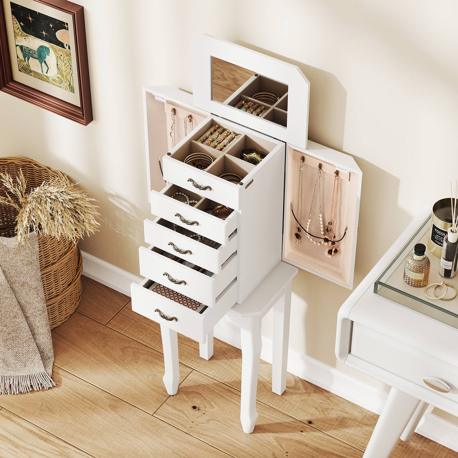 Alt View 1. Gymax - Gymax Jewelry Wood Cabinet Armoire Storage Box Chest St& Organizer Christmas Gift White - White.