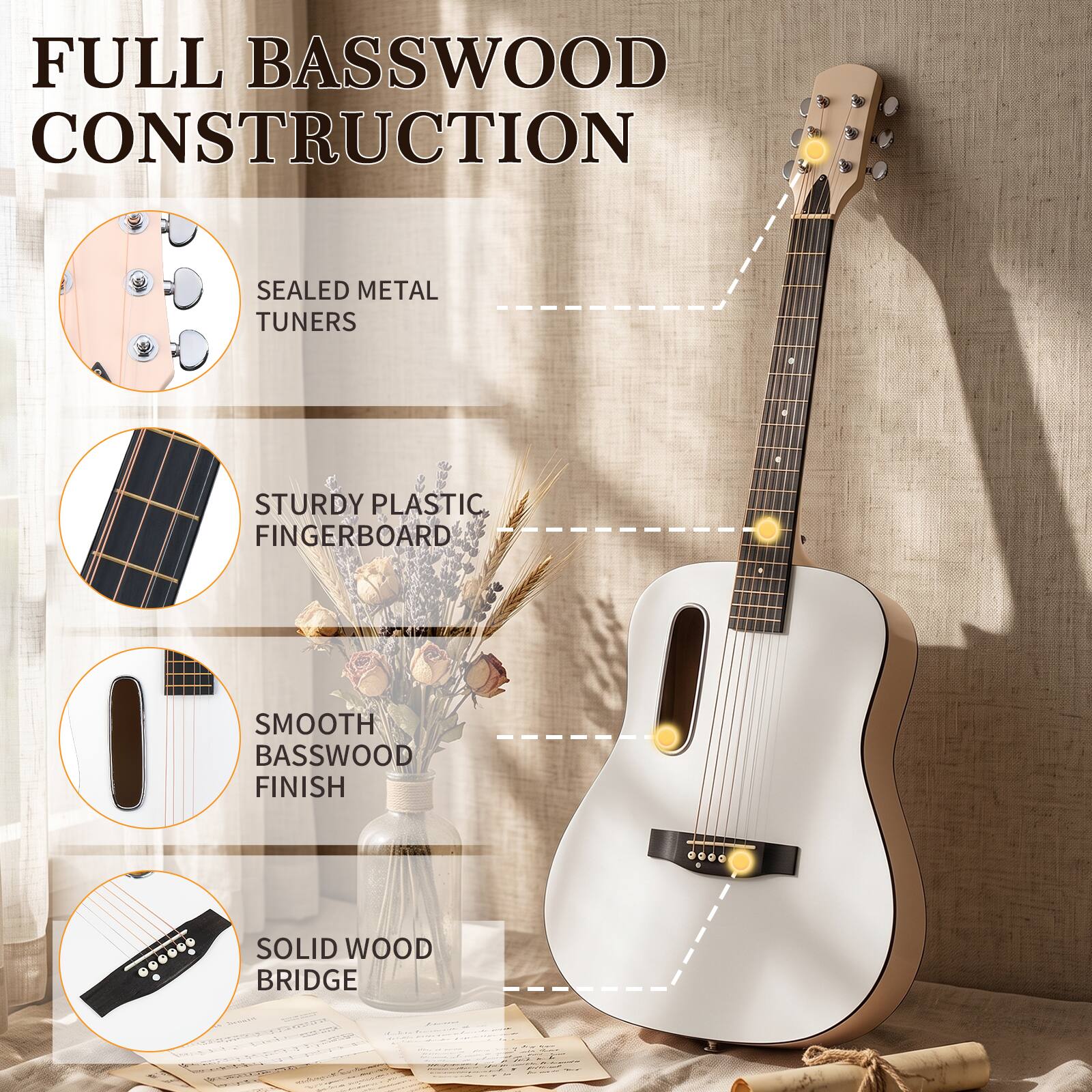 FULL BASSWOOD CONSTRUCTION  
SEALED METAL TUNERS  
STURDY PLASTIC FINGERBOARD  
SMOOTH BASSWOOD FINISH  
SOLID WOOD BRIDGE