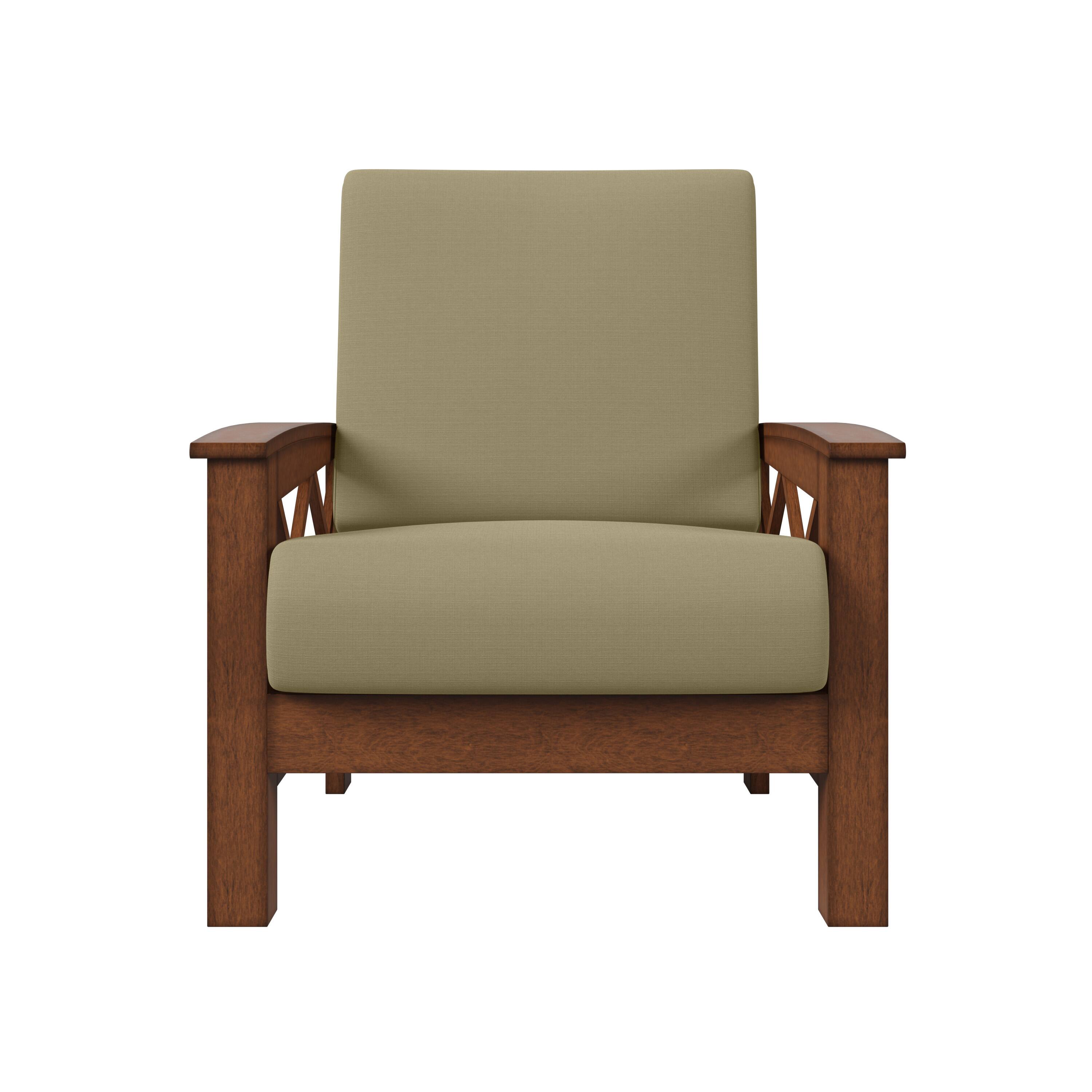 Front Zoom. Handy Living - Riverwood Exposed Wood Frame Traditional Linen Armchair - Barley Tan.