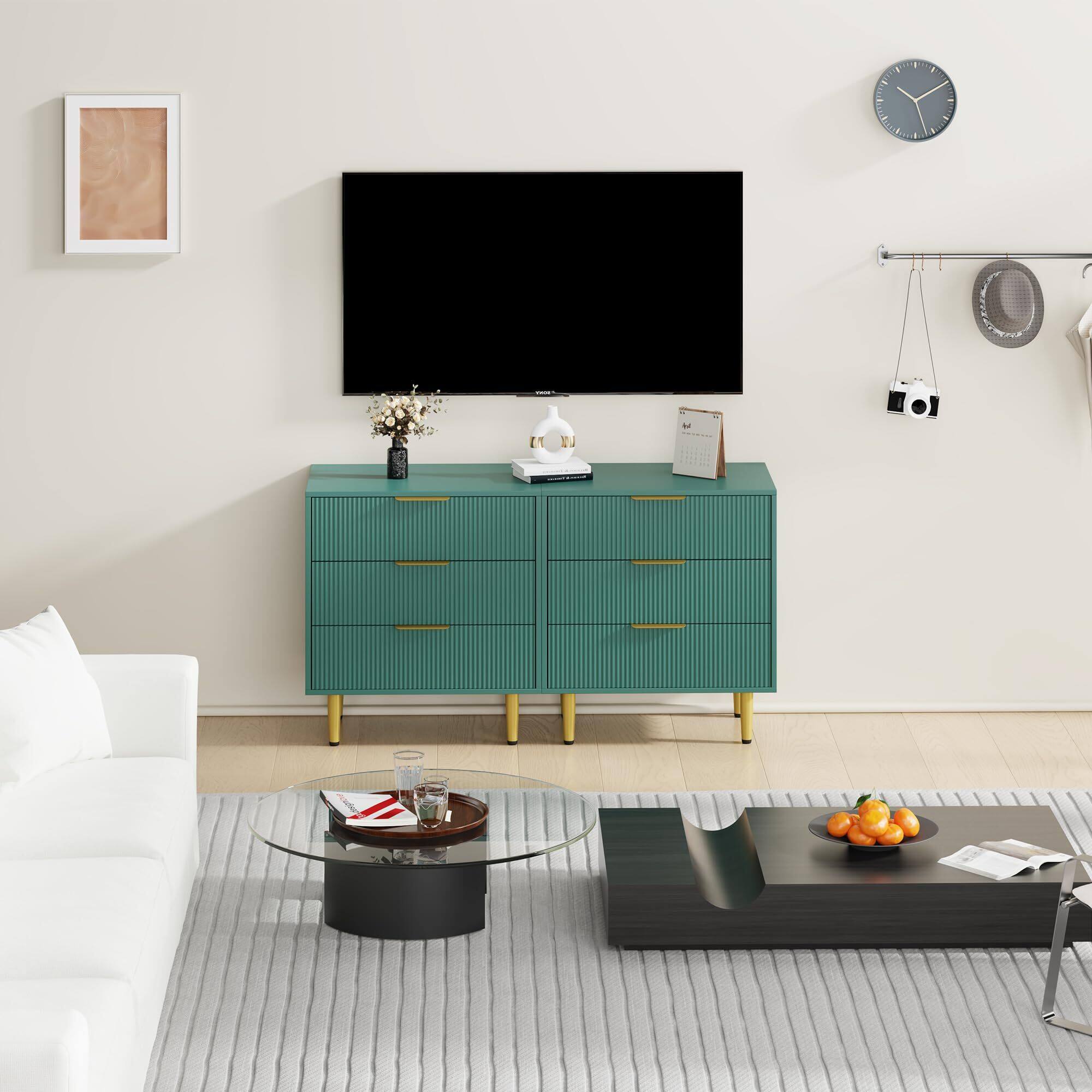 Alt View 6. Acekool - Fluted Dresser for Bedroom with 3 Drawers, Wooden Chest of Drawers with Metal Handle & Feet - Green.