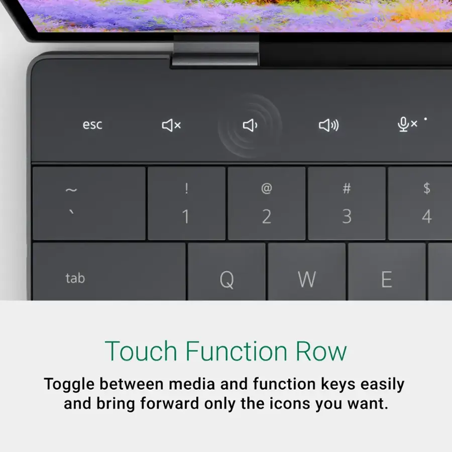 Touch Function Row: Toggle between media and function keys easily and bring forward only the icons you want.