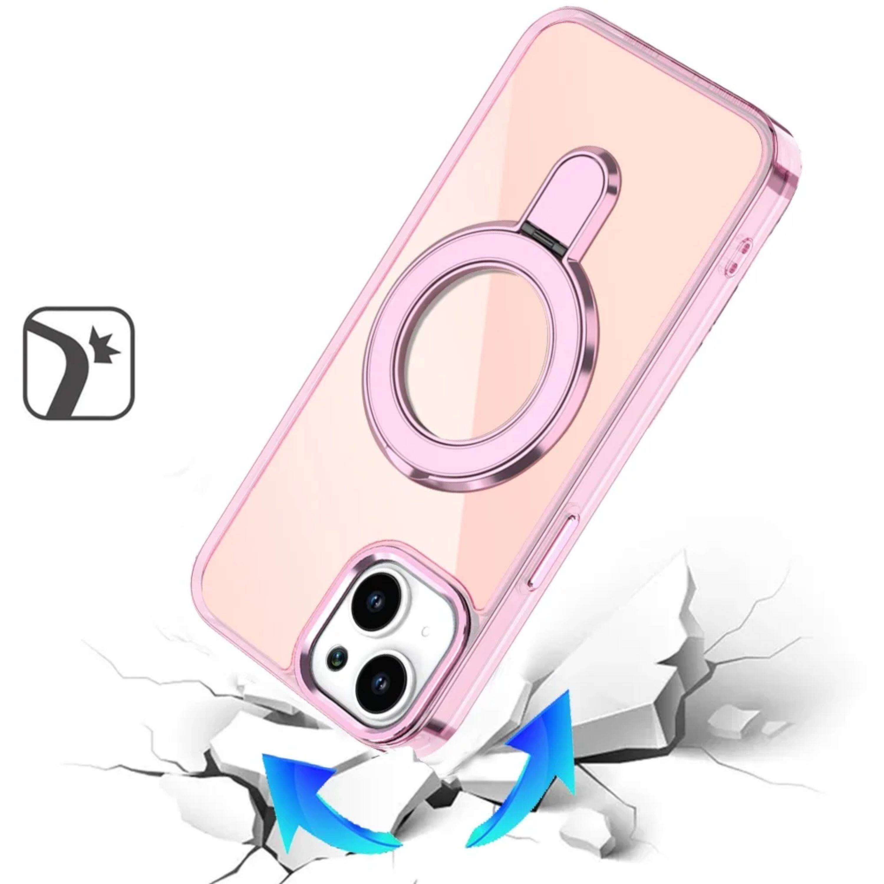 Angle. Kitcheniva - Radiant Chrome Magnetic Circle Stand Phone Case With 2 Pcs Tempered Glass For iPhone 15 Plus Light Pink - Light Pink.