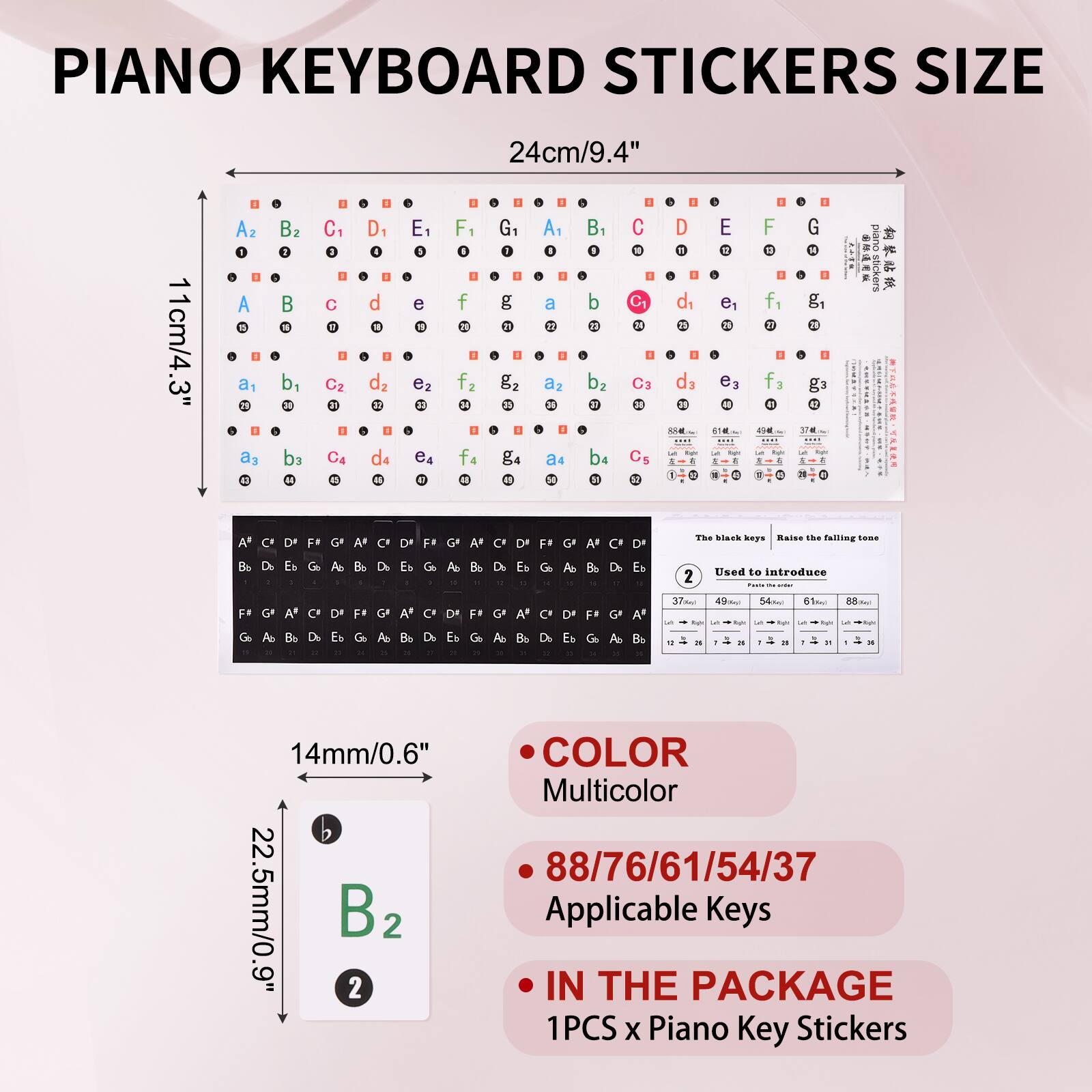 PIANO KEYBOARD STICKERS SIZE  
24cm/9.4"  
11cm/4.3"  

The black keys: Raise the falling tone  

COLOR  
Multicolor  

88/76/61/54/37  
Applicable Keys  

IN THE PACKAGE  
1PCS x Piano Key Stickers  

14mm/0.6"  
22.5mm/0.9"  

B2  
Used to introduce