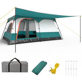 Gymax - 10-Person Camping Tent with Porch Large Family Cabin Tent w/ 2 Rooms 2 Doors - Green