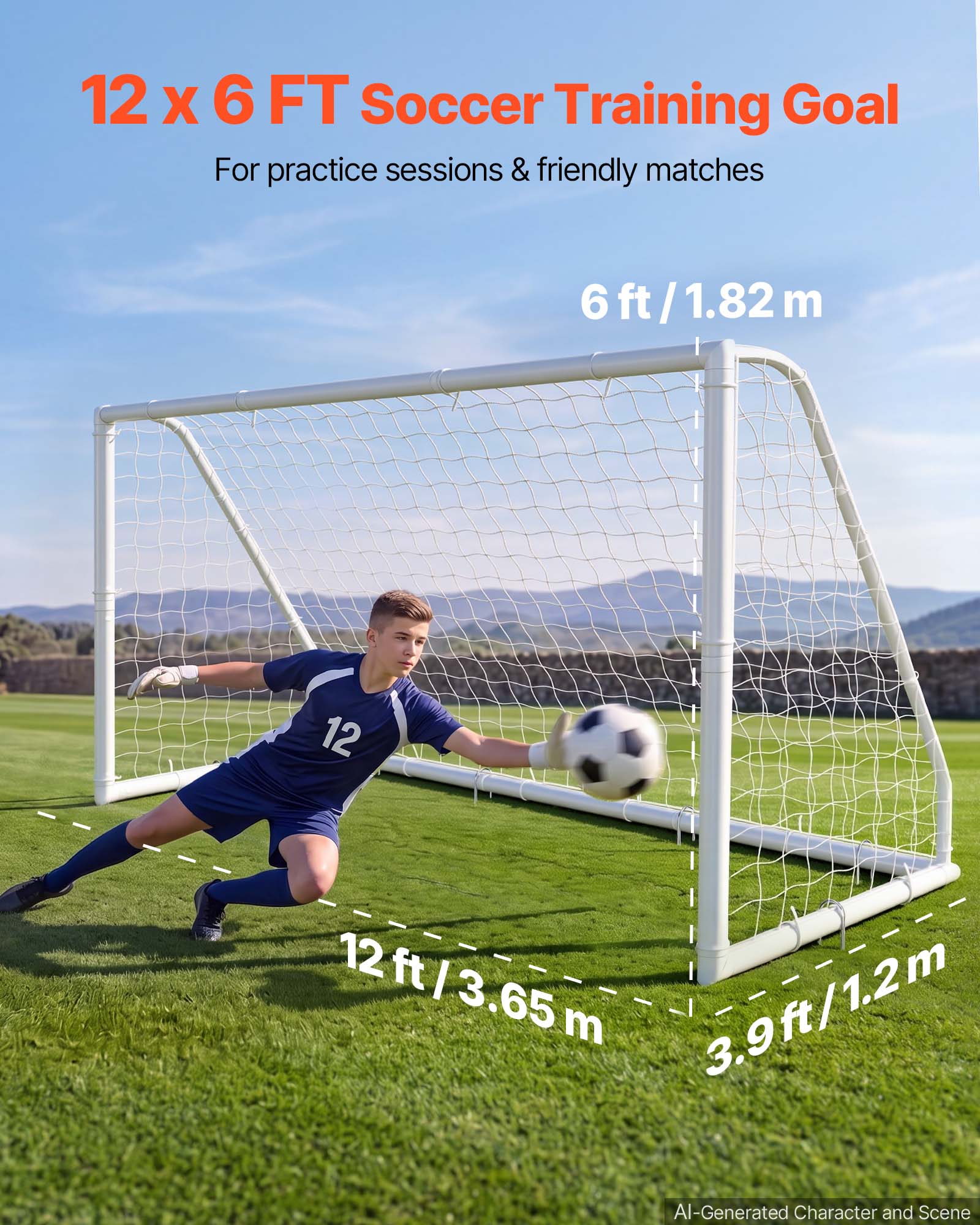12 x 6 FT Soccer Training Goal  
For practice sessions & friendly matches  

6 ft / 1.82 m  
12 ft / 3.65 m  
3.9 ft / 1.2 m  

AI-Generated Character and Scene