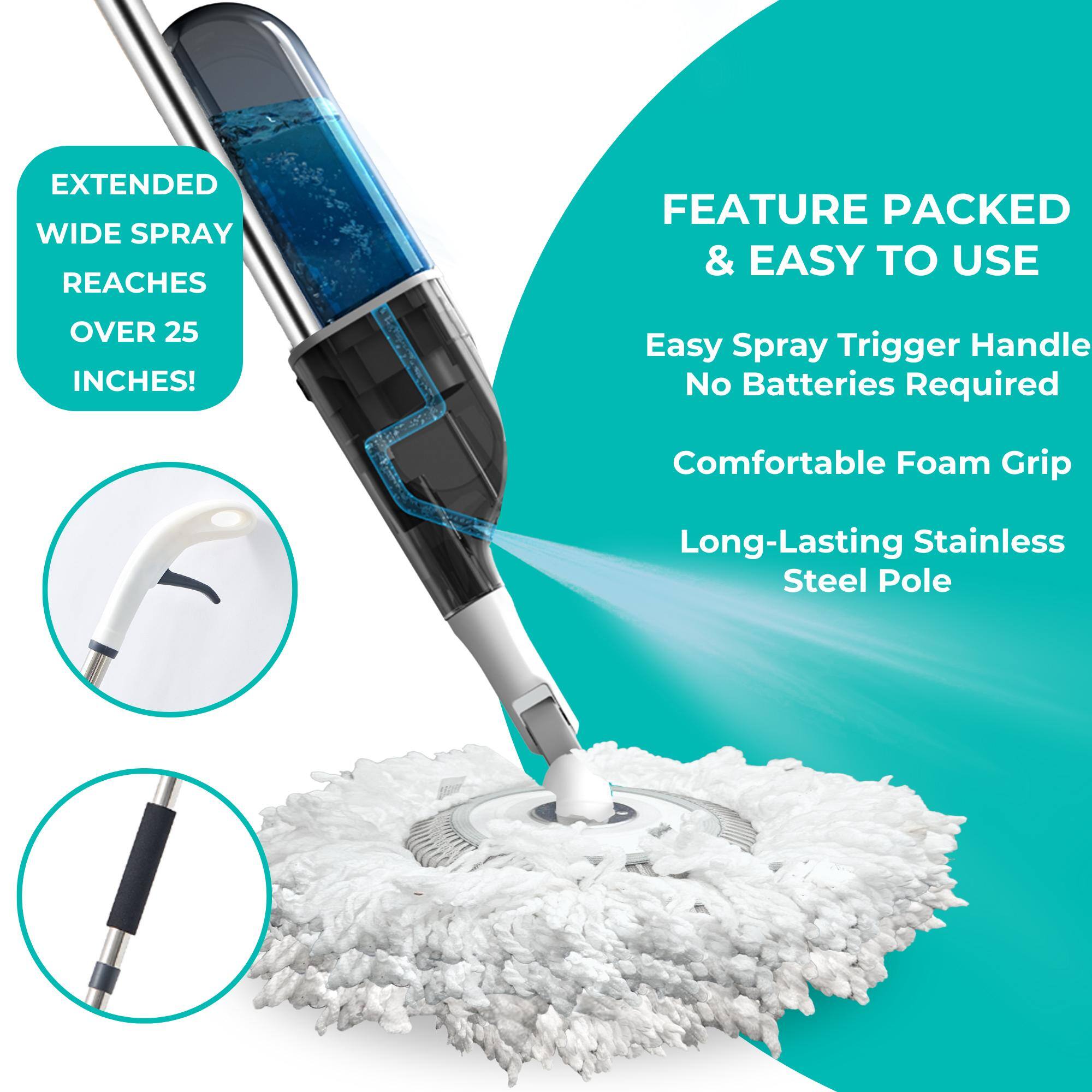 EXTENDED WIDE SPRAY REACHES OVER 25 INCHES!

FEATURE PACKED & EASY TO USE

Easy Spray Trigger Handle  
No Batteries Required  
Comfortable Foam Grip  
Long-Lasting Stainless Steel Pole